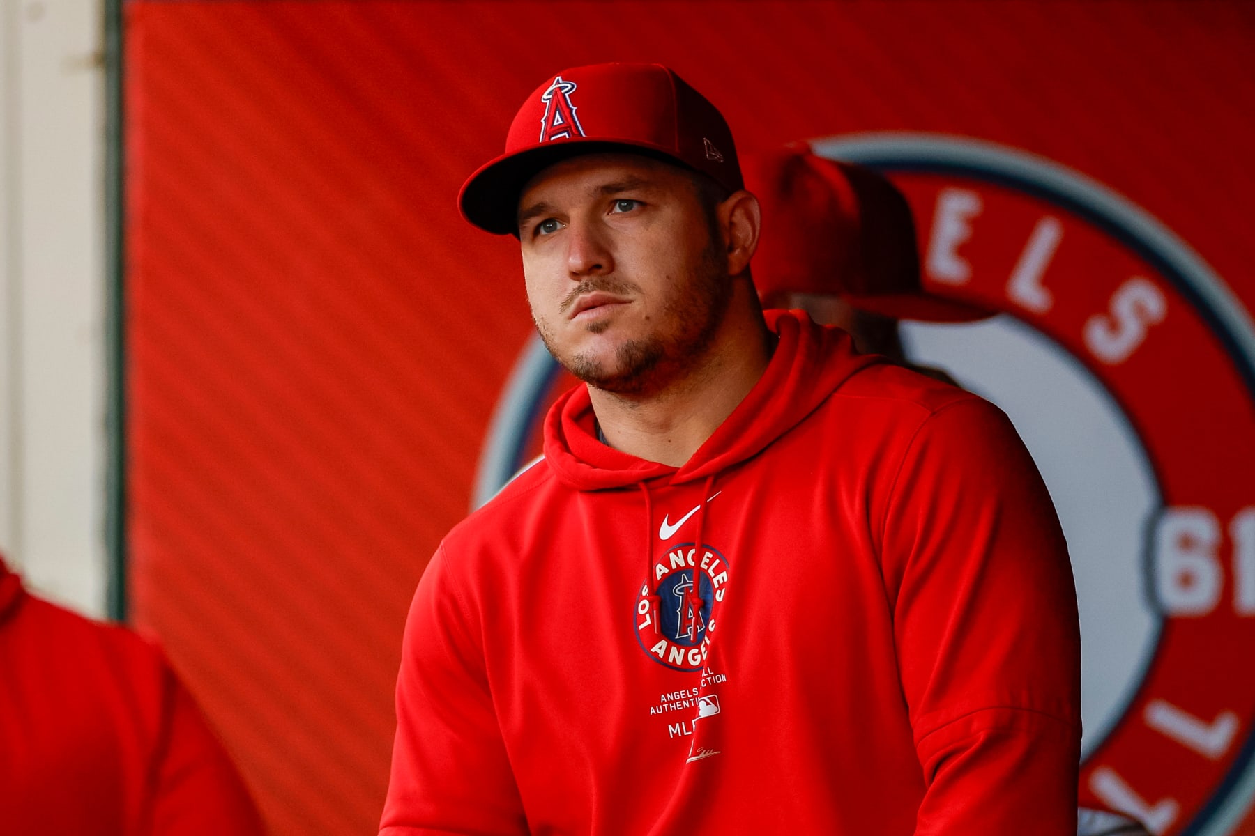 ANAHEIM, CALIFORNIA - MAY 29: Mike Trout #27 of the Los Angeles Angels looks on in the dugout during a game against the New York Yankees at Angel Stadium of Anaheim on May 29, 2024 in Anaheim, California. (Photo by Brandon Sloter/Getty Images)