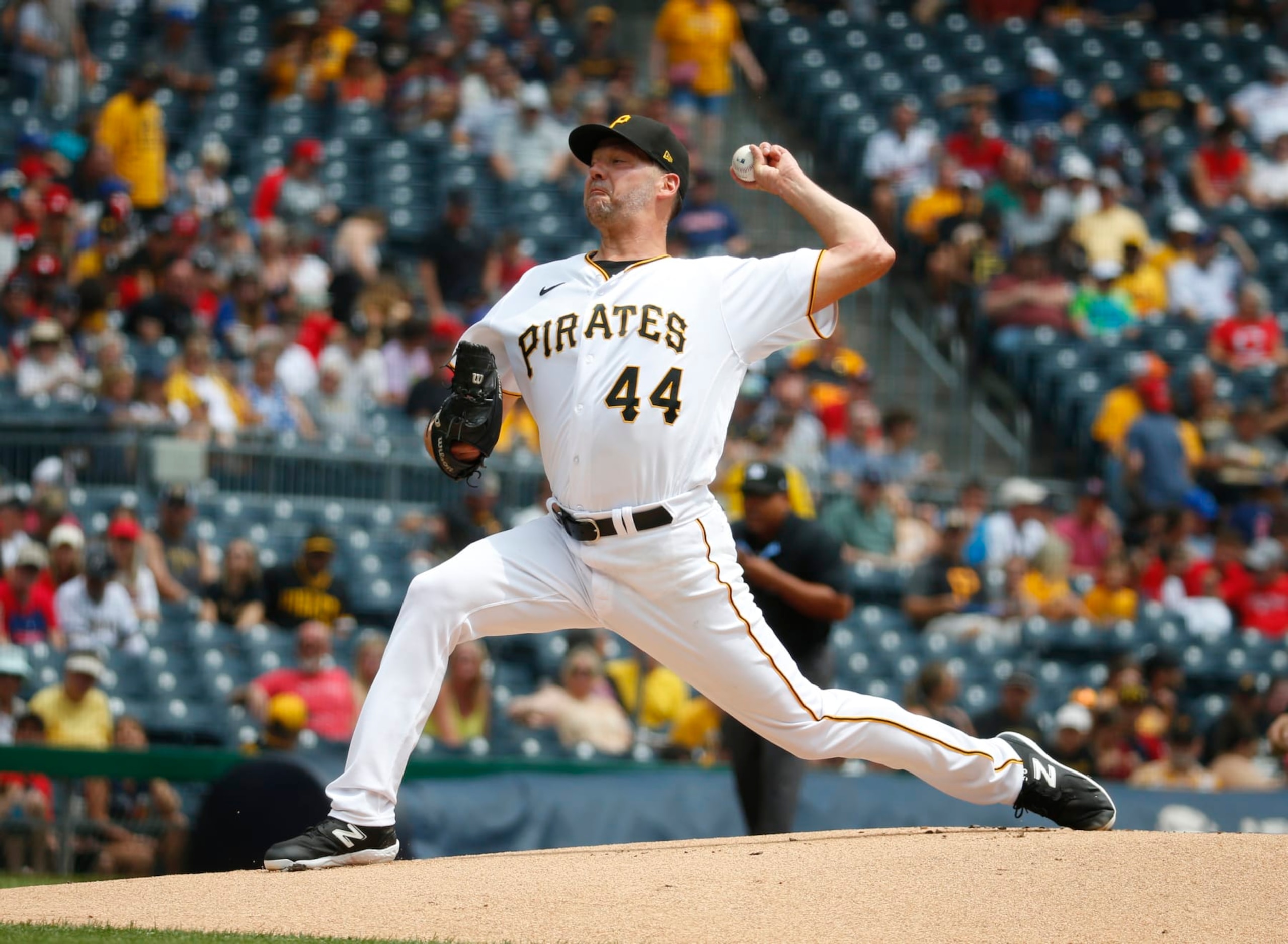 PITTSBURGH, PA - JULY 19:  Rich Hill #44 of the Pittsburgh Pirates pitches in the first inning against the Cleveland Guardians during inter-league play at PNC Park on July 19, 2023 in Pittsburgh, Pennsylvania.  (Photo by Justin K. Aller/Getty Images)