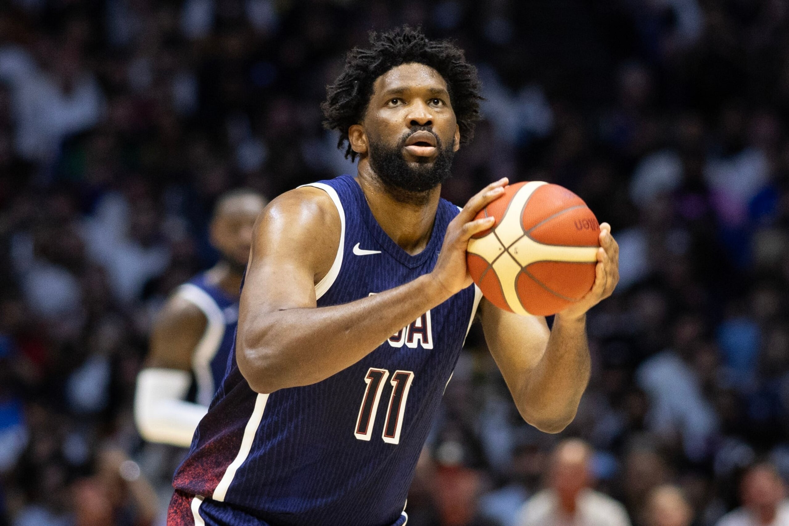 LONDON, ENGLAND: JULY 20:  Joel Embiid #11 of the United States at the free throw line during the USA V South Sudan, USA basketball showcase in preparation for the Paris Olympic Games at The O2 Arena on July 20th, 2024, in London, England. (Photo by Tim Clayton/Corbis via Getty Images)