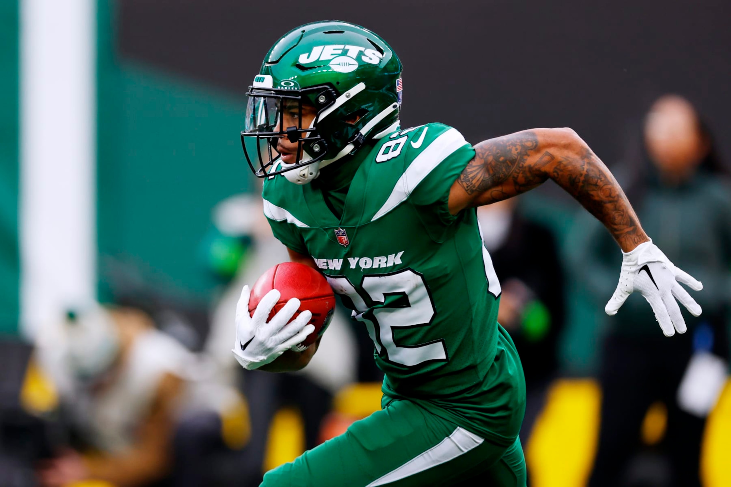 EAST RUTHERFORD, NEW JERSEY - DECEMBER 24: Xavier Gipson #82 of the New York Jets in action against the Washington Commanders during a game at MetLife Stadium on December 24, 2023 in East Rutherford, New Jersey. (Photo by Rich Schultz/Getty Images) EAST RUTHERFORD, NEW JERSEY - DECEMBER 24: Xavier Gipson #82 of the New York Jets in action against the Washington Commanders during a game at MetLife Stadium on December 24, 2023 in East Rutherford, New Jersey. (Photo by Rich Schultz/Getty Images)