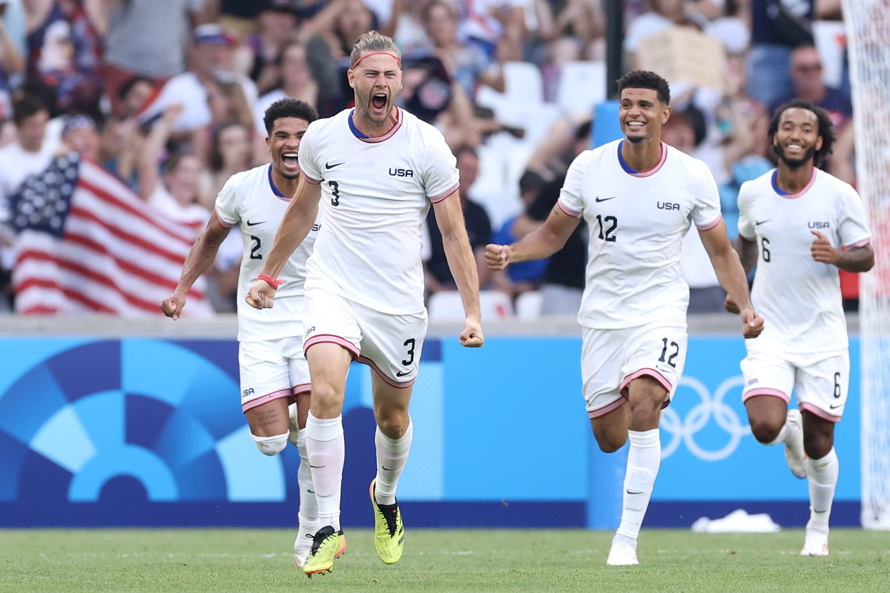 MARSEILLE, FRANCE - JULY 27: Walker Zimmerman #3 of Team USA celebrates scoring his team's second goal during the Men's group A match between New Zealand and United States during the Olympic Games Paris 2024 at Stade de Marseille on July 27, 2024 in Marseille, France. (Photo by Alex Livesey/Getty Images)