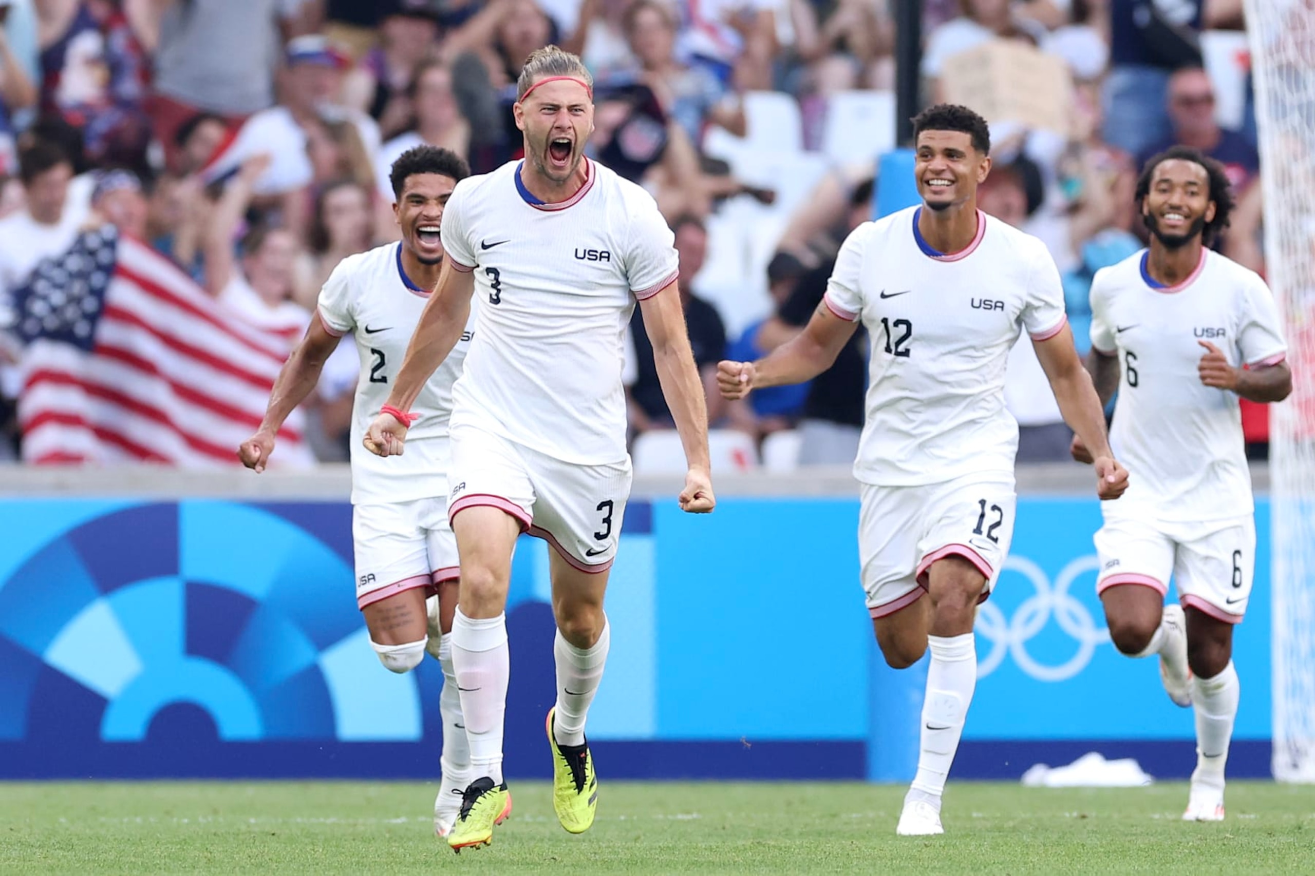 MARSEILLE, FRANCE - JULY 27: Walker Zimmerman #3 of Team USA celebrates scoring his team's second goal during the Men's group A match between New Zealand and United States during the Olympic Games Paris 2024 at Stade de Marseille on July 27, 2024 in Marseille, France. (Photo by Alex Livesey/Getty Images)