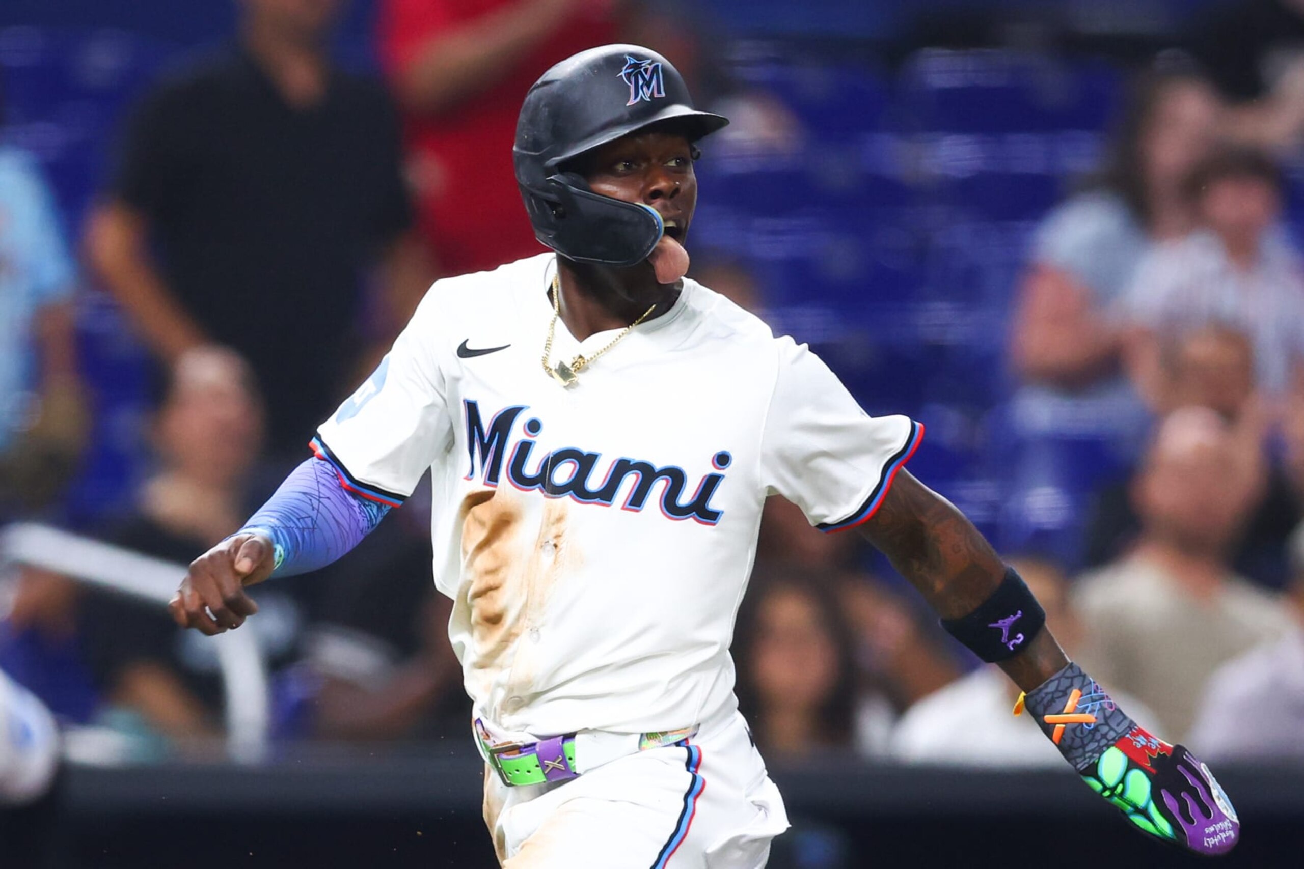 MIAMI, FLORIDA - JULY 24: Jazz Chisholm Jr. #2 of the Miami Marlins runs home to score a run against the Baltimore Orioles during the seventh inning of the game at loanDepot park on July 24, 2024 in Miami, Florida. (Photo by Megan Briggs/Getty Images) MIAMI, FLORIDA - JULY 24: Jazz Chisholm Jr. #2 of the Miami Marlins runs home to score a run against the Baltimore Orioles during the seventh inning of the game at loanDepot park on July 24, 2024 in Miami, Florida. (Photo by Megan Briggs/Getty Images)