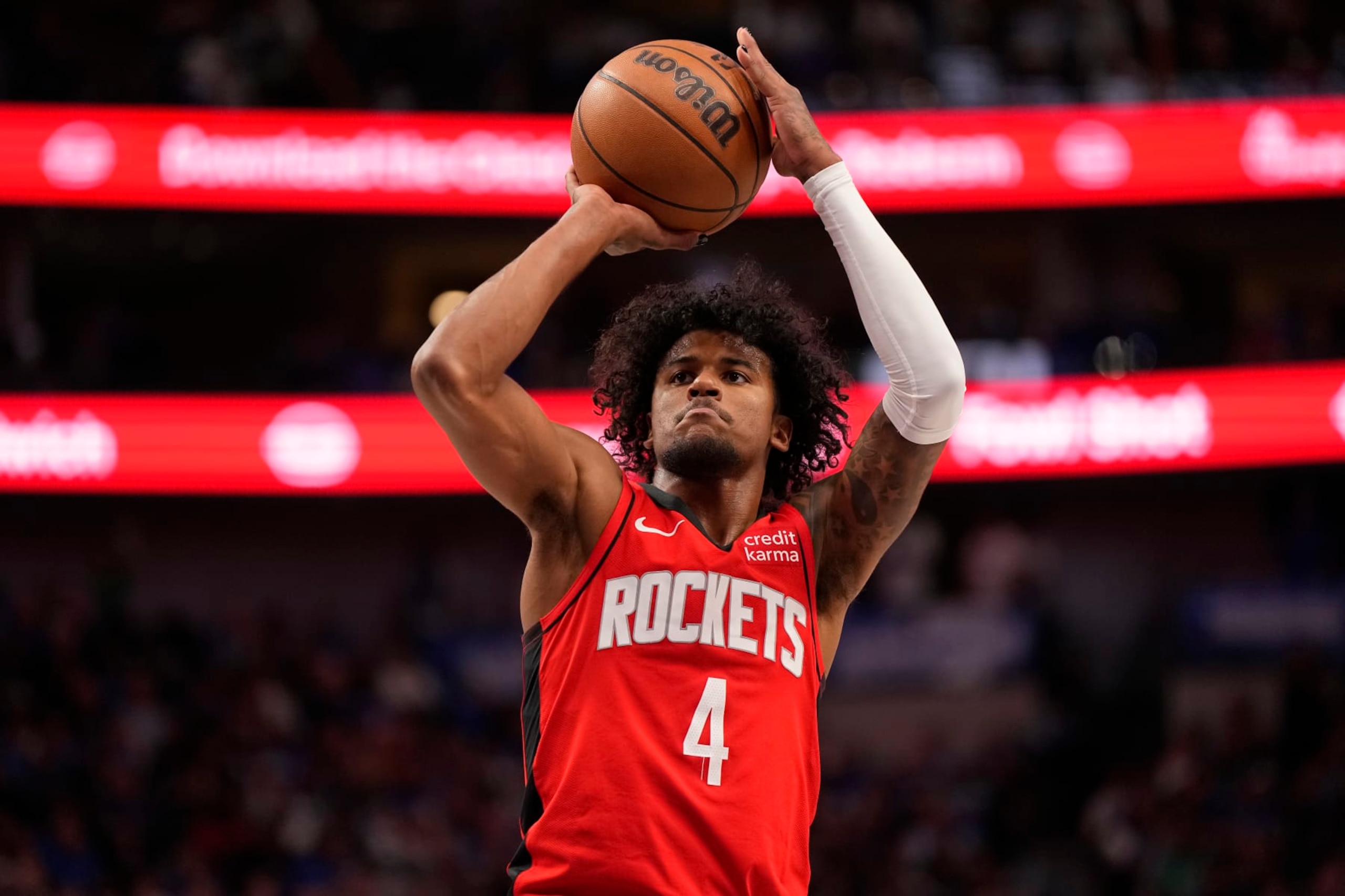 DALLAS, TEXAS - APRIL 07: Jalen Green #4 of the Houston Rockets takes a free throw during the second half against the Dallas Mavericks at American Airlines Center on April 07, 2024 in Dallas, Texas. NOTE TO USER: User expressly acknowledges and agrees that, by downloading and or using this photograph, User is consenting to the terms and conditions of the Getty Images License Agreement. (Photo by Sam Hodde/Getty Images)