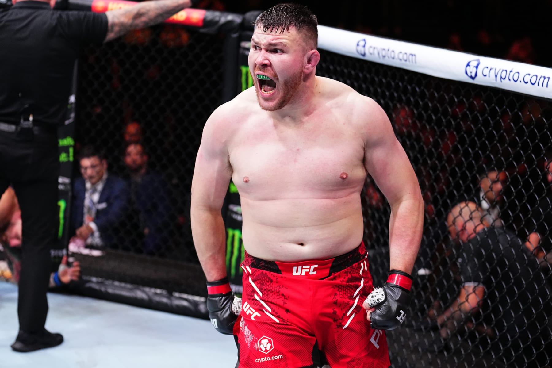 MANCHESTER, ENGLAND - JULY 27: Mick Parkin of England reacts after his knockout victory against Lukasz Brzeski of Poland in a heavyweight bout during the UFC 304 event at Co-op Live on July 27, 2024 in Manchester, England. (Photo by Chris Unger/Zuffa LLC via Getty Images)