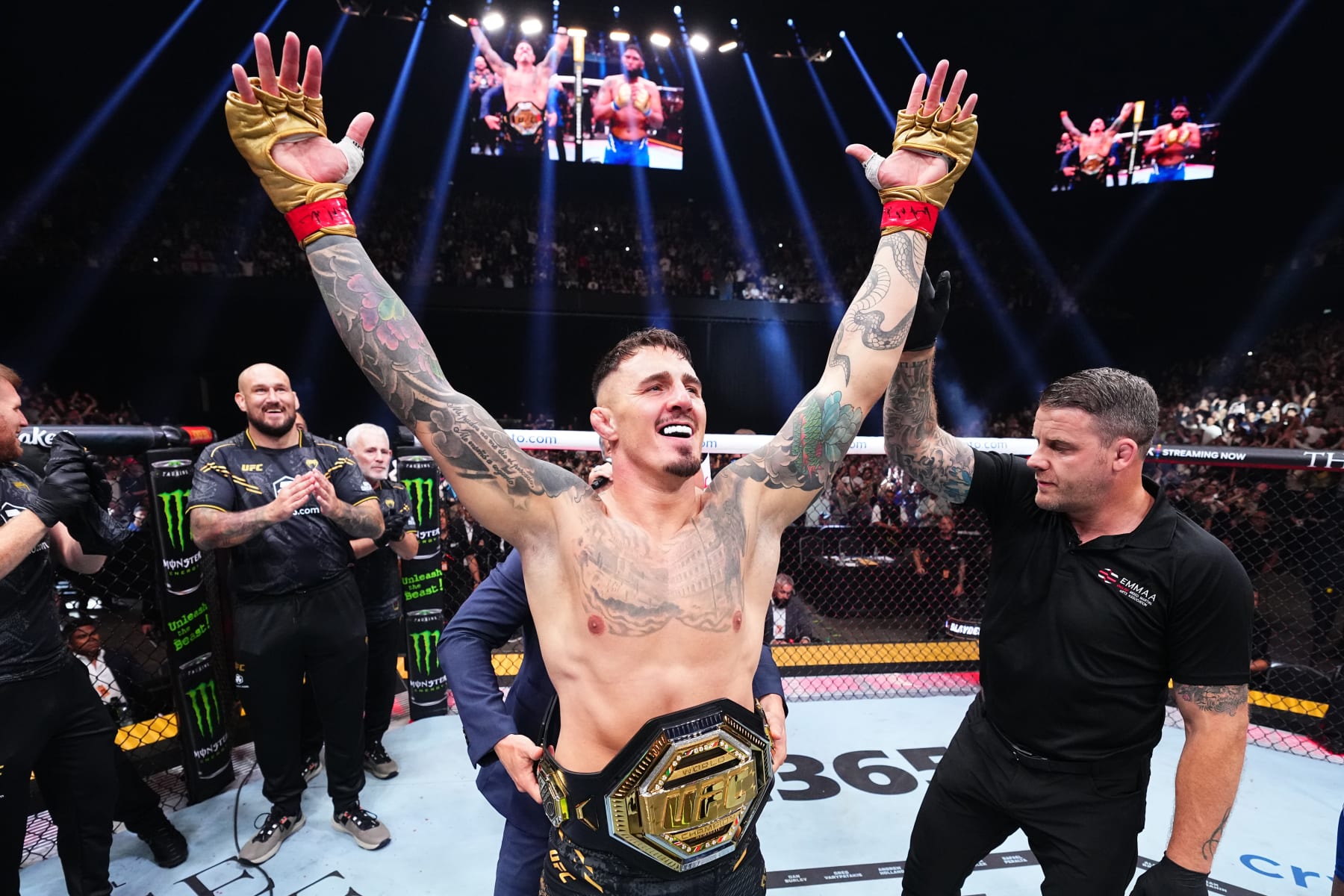 MANCHESTER, ENGLAND - JULY 27: Tom Aspinall of England reacts after his knockout victory against Curtis Blaydes in the interim UFC heavyweight championship bout during the UFC 304 event at Co-op Live on July 27, 2024 in Manchester, England. (Photo by Chris Unger/Zuffa LLC via Getty Images)