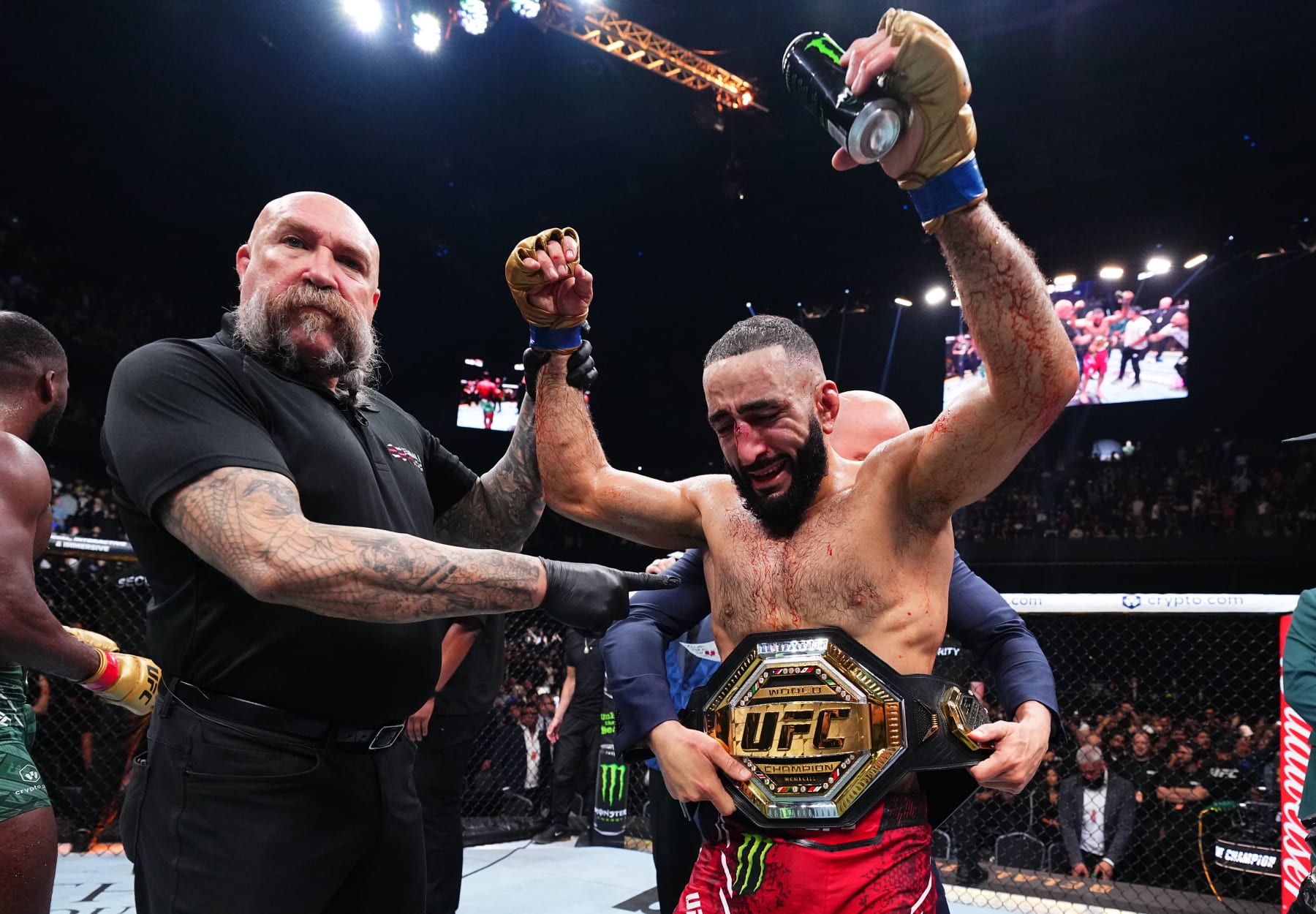 MANCHESTER, ENGLAND - JULY 27: Belal Muhammad reacts after his victory against Leon Edwards of Jamaica in the UFC welterweight championship bout during the UFC 304 event at Co-op Live on July 27, 2024 in Manchester, England. (Photo by Chris Unger/Zuffa LLC via Getty Images)