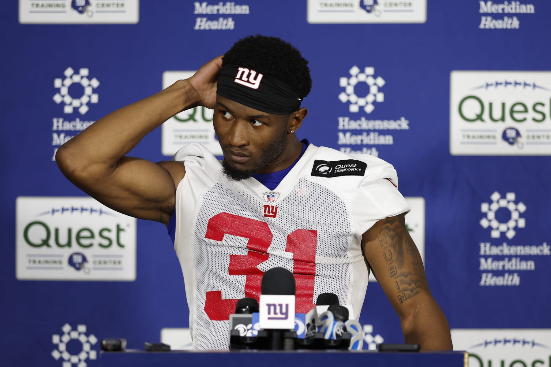 EAST RUTHERFORD, NEW JERSEY - MAY 10: Safety Tyler Nubin speaks to the media during New York Giants Rookie Minicamp at Quest Diagnostics Training Center on May 10, 2024 in East Rutherford, New Jersey. (Photo by Sarah Stier/Getty Images)