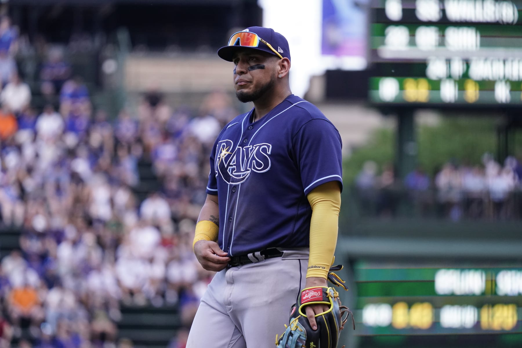 CHICAGO, ILLINOIS - MAY 31: Isaac Paredes #17 of the Tampa Bay Rays stands at third base during a game Chicago Cubs at Wrigley Field on May 31, 2023 in Chicago, Illinois. (Photo by Nuccio DiNuzzo/Getty Images)