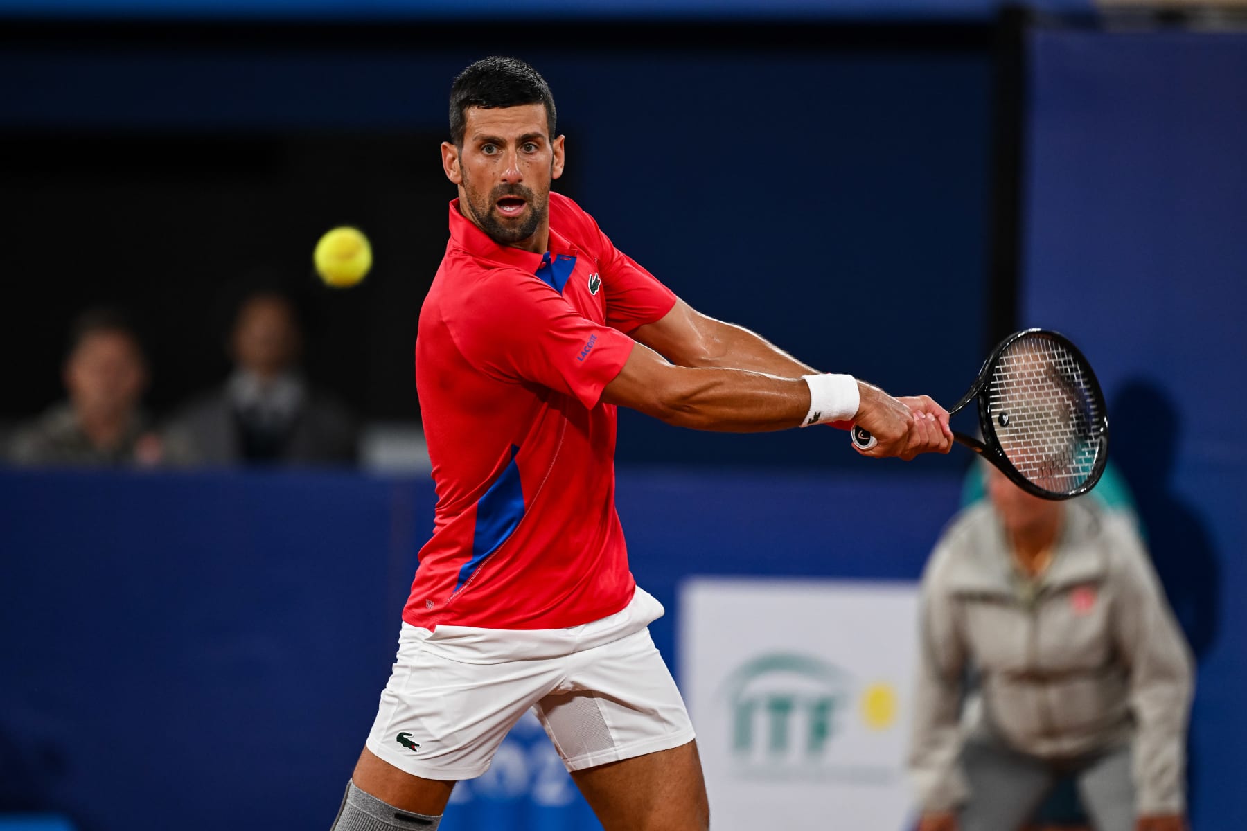 PARIS, FRANCE - JULY 27: Novak Djokovic of Serbia in action against Matthew Ebden of Australia in the Men's Singles first round match on day one of the Olympic Games Paris 2024 at Roland Garros on July 27, 2024 in Paris, France. (Photo by Daniel Kopatsch/Getty Images) PARIS, FRANCE - JULY 27: Novak Djokovic of Serbia in action against Matthew Ebden of Australia in the Men's Singles first round match on day one of the Olympic Games Paris 2024 at Roland Garros on July 27, 2024 in Paris, France. (Photo by Daniel Kopatsch/Getty Images)