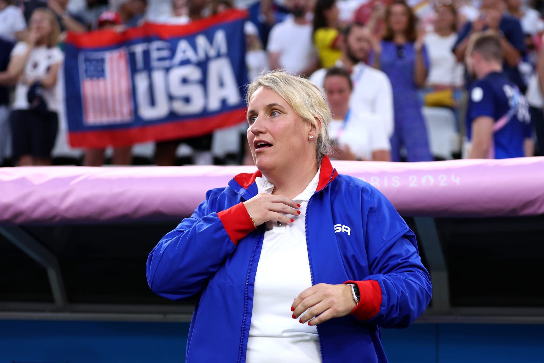 MARSEILLE, FRANCE - JULY 28: Emma Hayes, Head Coach of Team United States gestures during the Women's group B match between United States and Germany during the Olympic Games Paris 2024 at Stade de Marseille on July 28, 2024 in Marseille, France. (Photo by Alex Livesey/Getty Images)