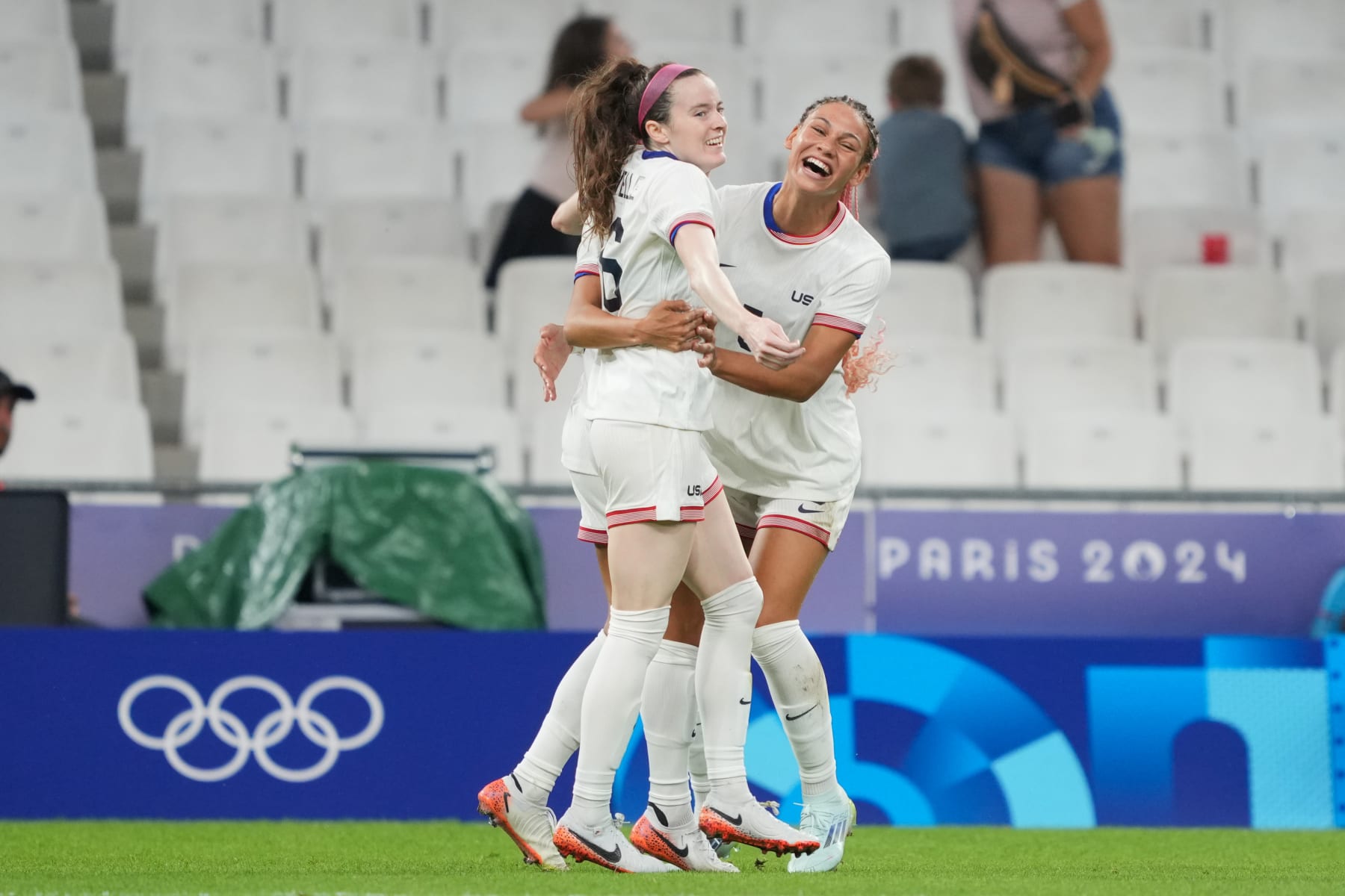 MARSEILLE, FRANCE - JULY 28: Mallory Swanson #9 of the United States celebrates scoring with teammates including Rose Lavelle #16 and Trinity Rodman #5 during the first half against Germany during the Women's group B match during the Olympic Games Paris 2024 at Stade de Marseille on July 28, 2024 in Marseille, France. (Photo by John Todd/ISI/Getty Images)