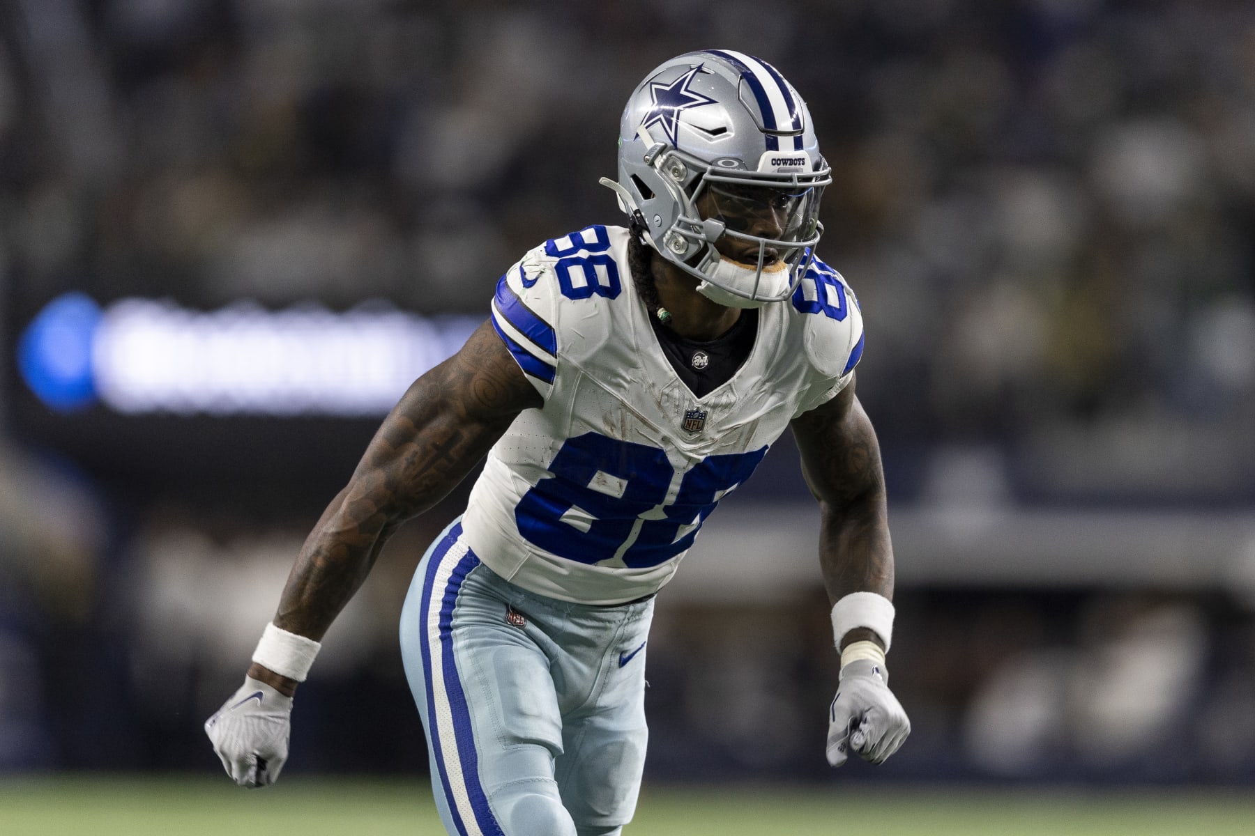 ARLINGTON, TEXAS - JANUARY 14: CeeDee Lamb #88 of the Dallas Cowboys runs a route during an NFL wild-card playoff football game between the Dallas Cowboys and the Green Bay Packers at AT&T Stadium on January 14, 2024 in Arlington, Texas. (Photo by Michael Owens/Getty Images)