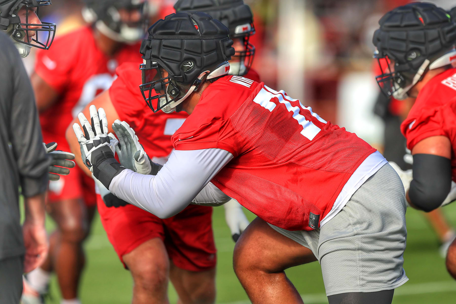 TAMPA, FL - JUL 24: Tampa Bay Buccaneers Left Tackle Tristan Wirfs (78) goes thru a drill during Training Camp on July 24, 2024 at the AdventHealth Training Center at One Buccaneer Place in Tampa, Florida. (Photo by Cliff Welch/Icon Sportswire via Getty Images)