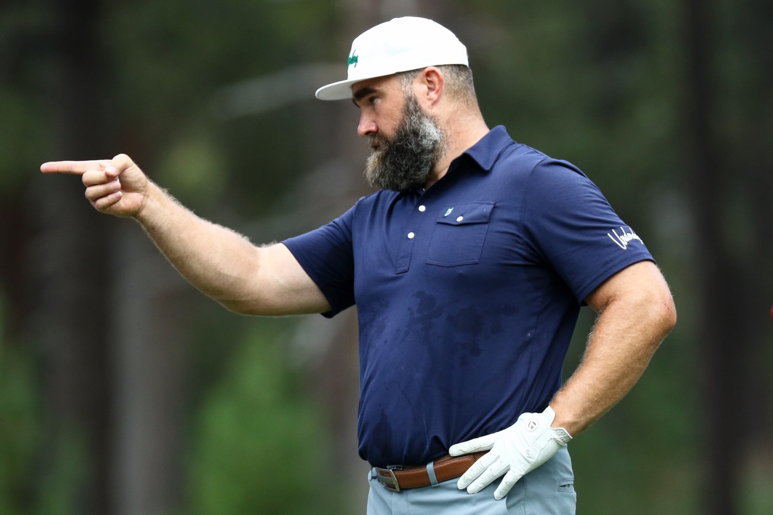 STATELINE, NEVADA - JULY 13: Former NFL player Jason Kelce points at the 18th tee on day two of the 2024 American Century Championship at Edgewood Tahoe Golf Course on July 13, 2024 in Stateline, Nevada. (Photo by Isaiah Vazquez/Getty Images) STATELINE, NEVADA - JULY 13: Former NFL player Jason Kelce points at the 18th tee on day two of the 2024 American Century Championship at Edgewood Tahoe Golf Course on July 13, 2024 in Stateline, Nevada. (Photo by Isaiah Vazquez/Getty Images)