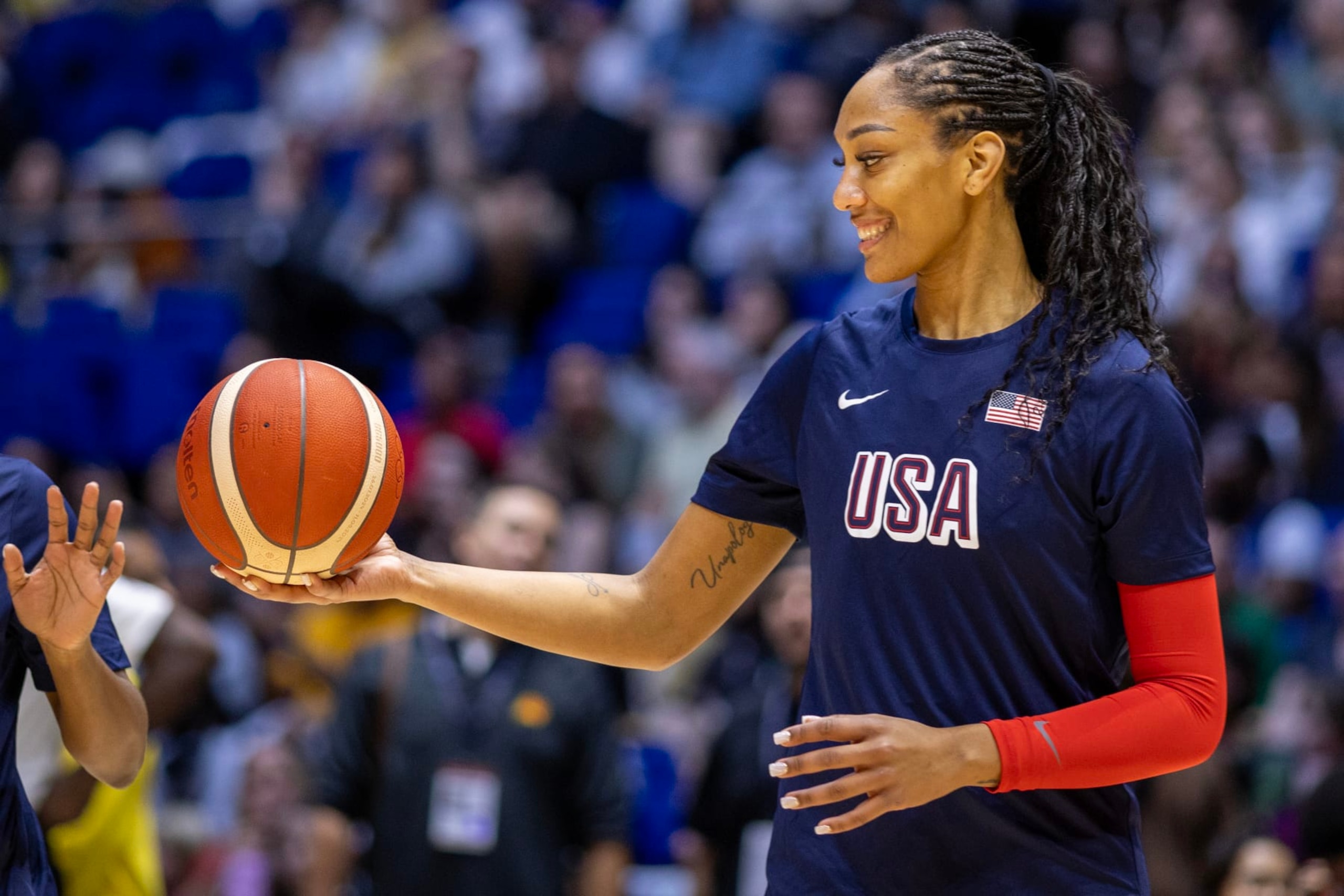 LONDON, ENGLAND: JULY 23: A'ja Wilson #9 of the United States during team warm-up before the USA V Germany, USA basketball showcase Women's basketball match in preparation for the Paris Olympic Games at The O2 Arena on July 23rd, 2024, in London, England. (Photo by Tim Clayton/Corbis via Getty Images) LONDON, ENGLAND: JULY 23: A'ja Wilson #9 of the United States during team warm-up before the USA V Germany, USA basketball showcase Women's basketball match in preparation for the Paris Olympic Games at The O2 Arena on July 23rd, 2024, in London, England. (Photo by Tim Clayton/Corbis via Getty Images)