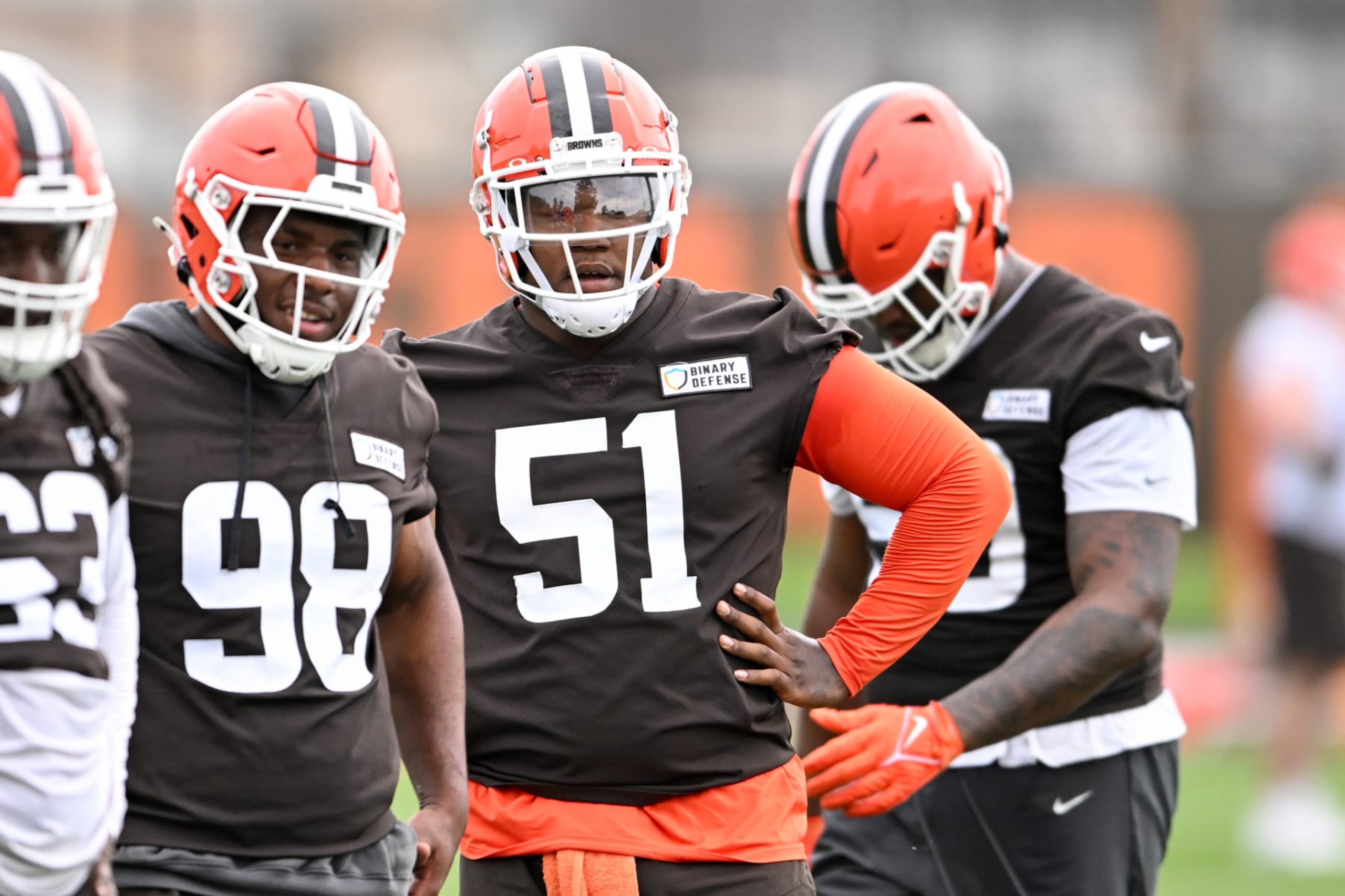 BEREA, OHIO - MAY 22: Mike Hall Jr. #51 of the Cleveland Browns looks on during an OTA offseason workout at their CrossCountry Mortgage Campus on May 22, 2024 in Berea, Ohio. (Photo by Nick Cammett/Getty Images)