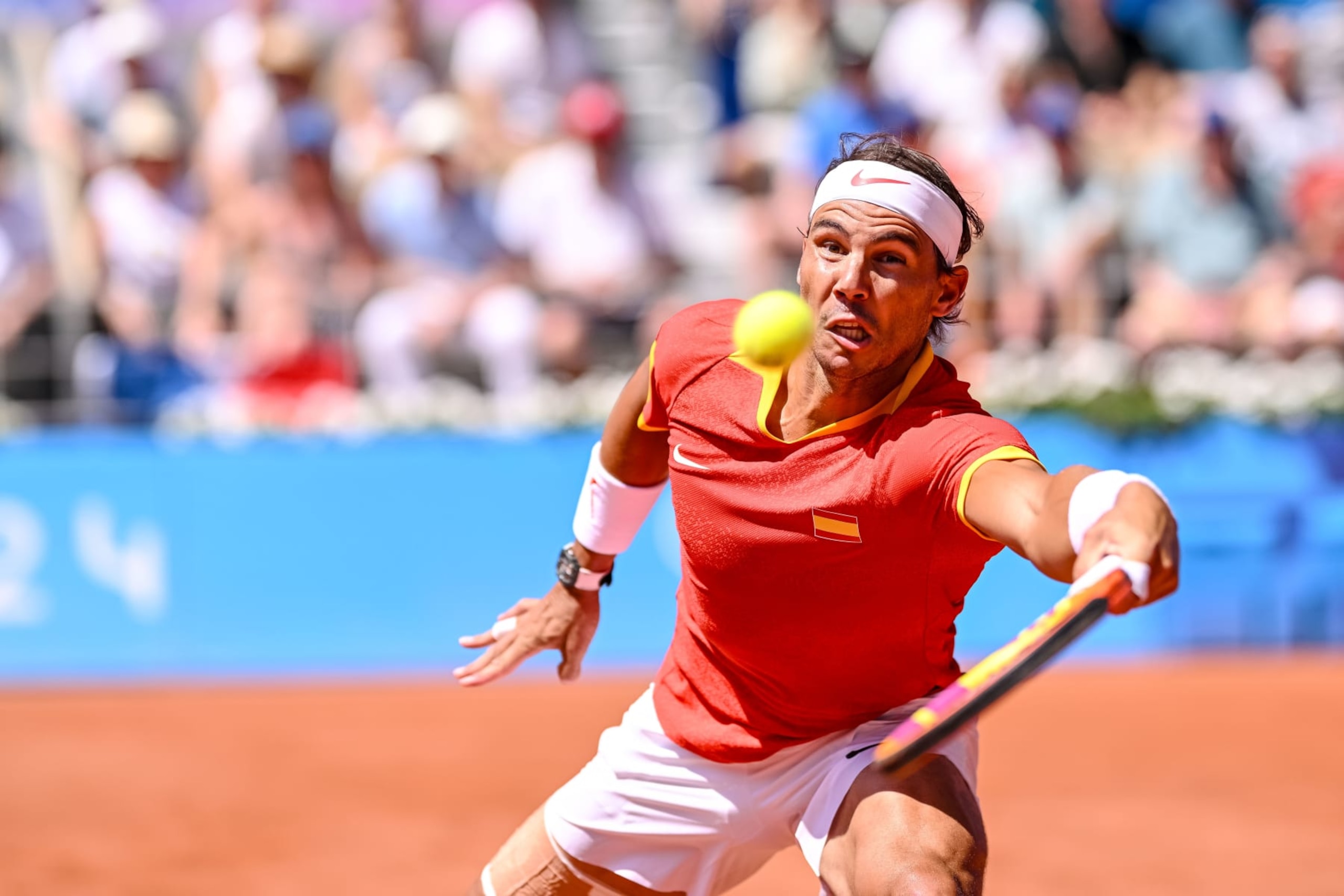Rafael Nadal of Spain controls the Ball during the the Men´s Singles second Round match between Novak Djokovic of Serbia and Rafael Nadal of Spain on Day 3 of the Olympic Games Paris 2024 at Roland-Garros Stadium on July 29, 2024 in Paris, France. (Photo by Harry Langer/DeFodi Images via Getty Images)