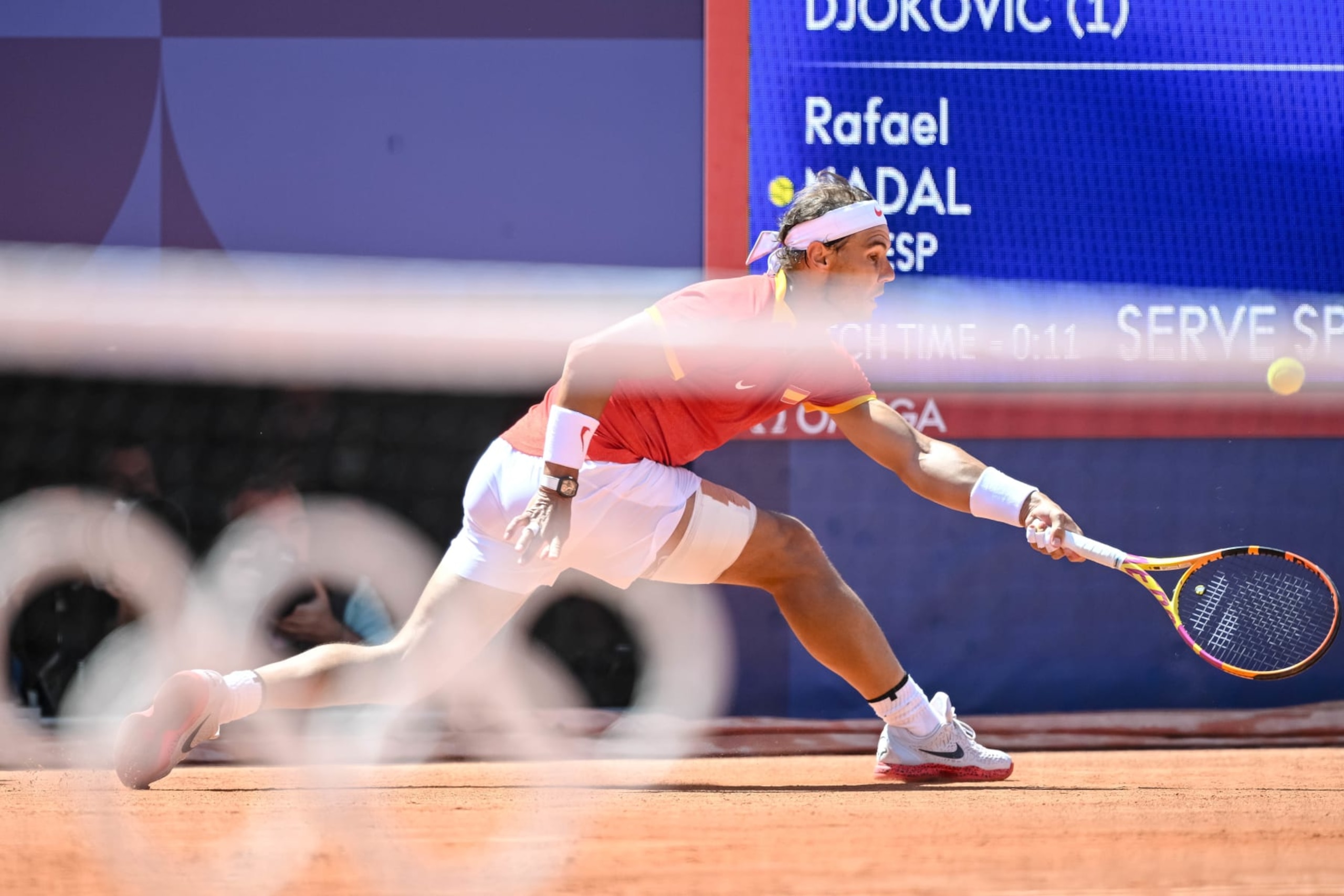 Rafael Nadal of Spain controls the Ball during the the Men´s Singles second Round match between Novak Djokovic of Serbia and Rafael Nadal of Spain on Day 3 of the Olympic Games Paris 2024 at Roland-Garros Stadium on July 29, 2024 in Paris, France. (Photo by Harry Langer/DeFodi Images via Getty Images)