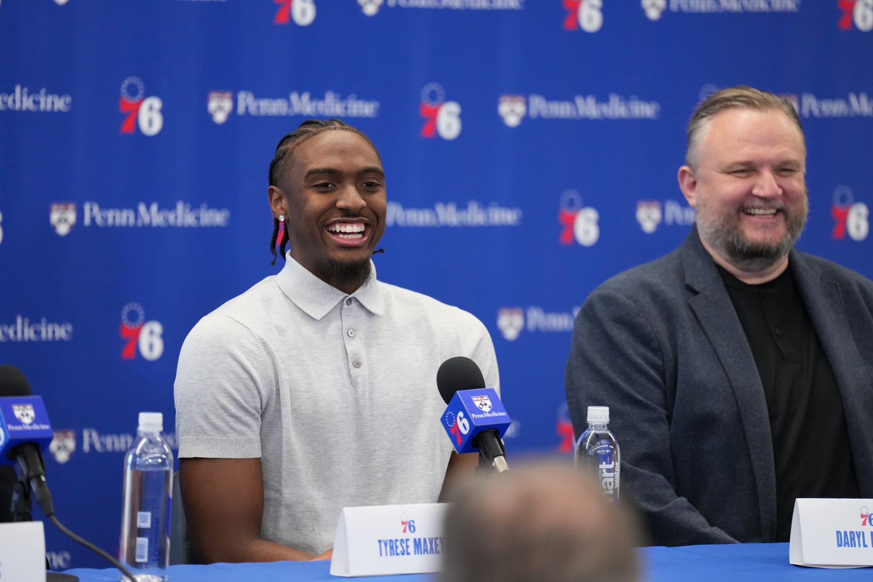 PHILADELPHIA, PA - JULY 23: Josh Harris, Tyrese Maxey #0 of the Philadelphia 76ers, and Daryl Morey talk to the media during his Philadelphia 76ers press conference on July 23, 2024 at the Wells Fargo Center in Philadelphia, Pennsylvania NOTE TO USER: User expressly acknowledges and agrees that, by downloading and/or using this Photograph, user is consenting to the terms and conditions of the Getty Images License Agreement. Mandatory Copyright Notice: Copyright 2024 NBAE (Photo by Jesse D. Garrabrant/NBAE via Getty Images)