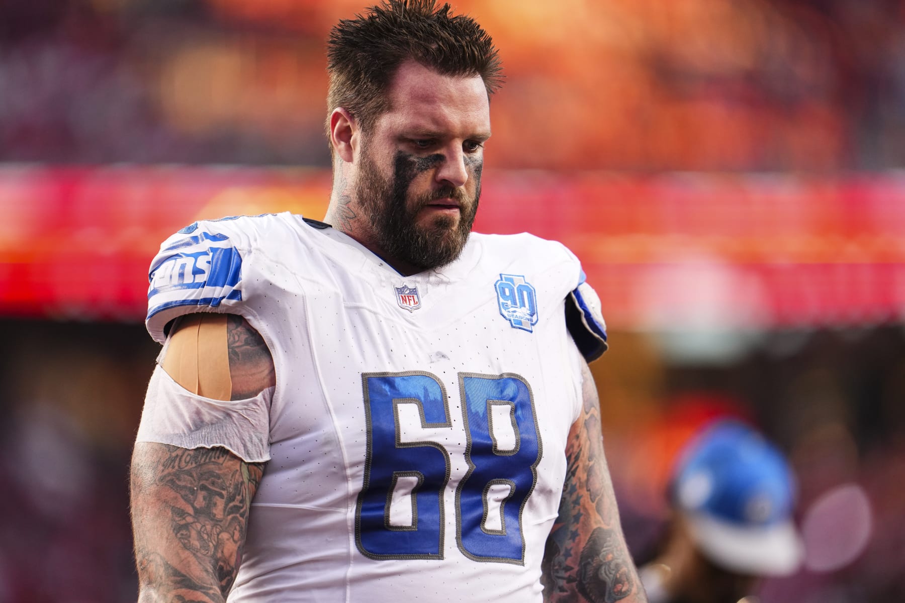 SANTA CLARA, CA - JANUARY 28: Taylor Decker #68 of the Detroit Lions runs off of the field during the NFC Championship NFL football game against the San Francisco 49ers at Levi's Stadium on January 28, 2024 in Santa Clara, California. (Photo by Cooper Neill/Getty Images)