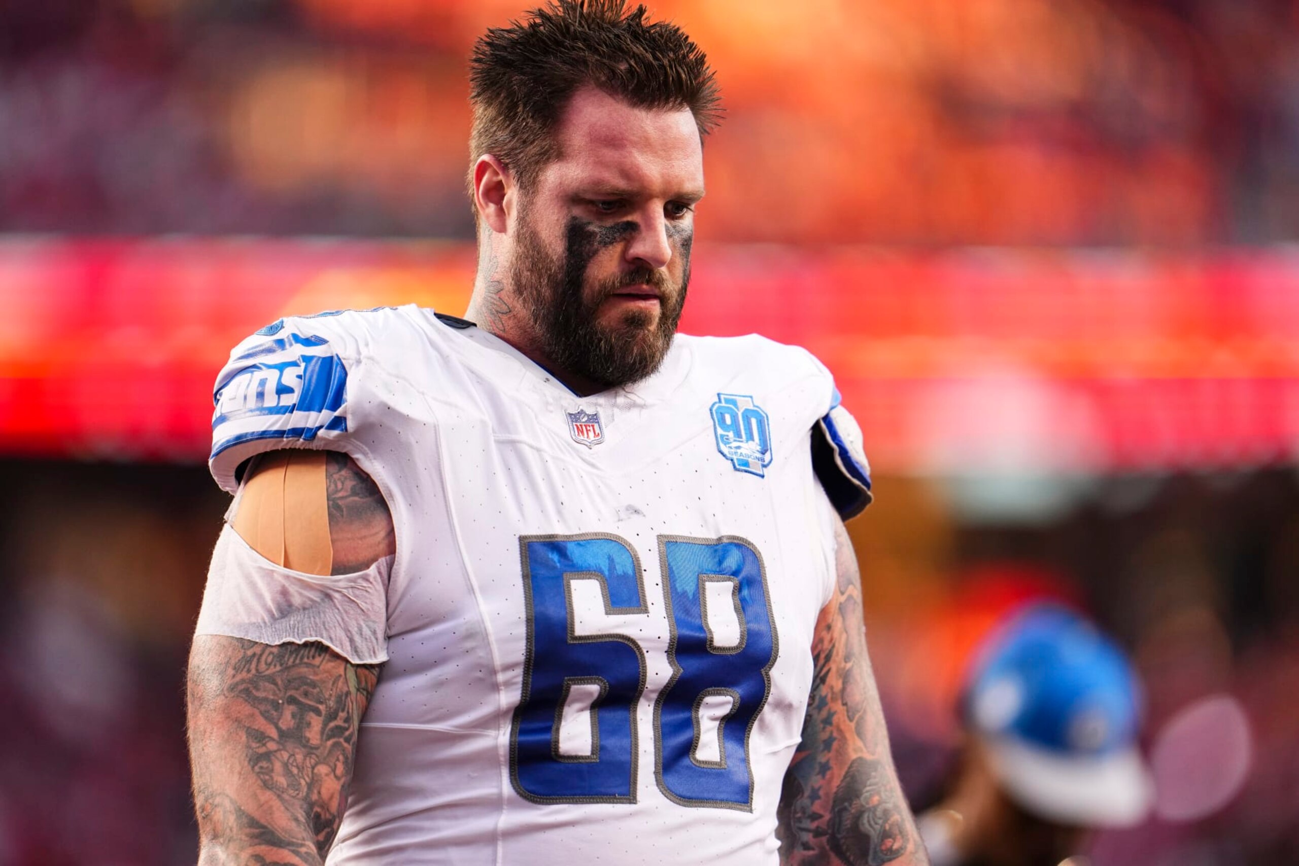 SANTA CLARA, CA - JANUARY 28: Taylor Decker #68 of the Detroit Lions runs off of the field during the NFC Championship NFL football game against the San Francisco 49ers at Levi's Stadium on January 28, 2024 in Santa Clara, California. (Photo by Cooper Neill/Getty Images)