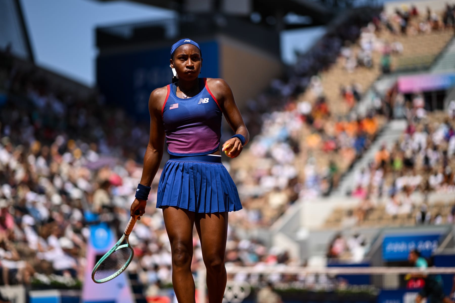 PARIS, FRANCE - JULY 29: Coco Gauff of the United States reacts against Maria Lourdes Carle of Argentina in the Women's Singles second round match on day three of the Olympic Games Paris 2024 at Roland Garros on July 29, 2024 in Paris, France. (Photo by Daniel Kopatsch/Getty Images)