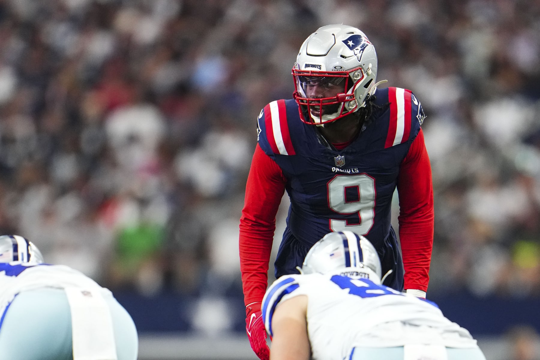 ARLINGTON, TX - OCTOBER 01: Matthew Judon #9 of the New England Patriots lines up before a play at AT&T Stadium on October 1, 2023 in Arlington, Texas. (Photo by Cooper Neill/Getty Images)