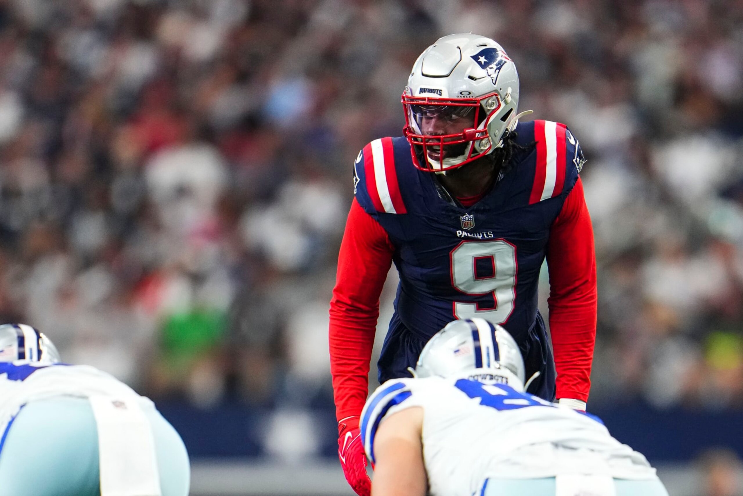 ARLINGTON, TX - OCTOBER 01: Matthew Judon #9 of the New England Patriots lines up before a play at AT&T Stadium on October 1, 2023 in Arlington, Texas. (Photo by Cooper Neill/Getty Images)