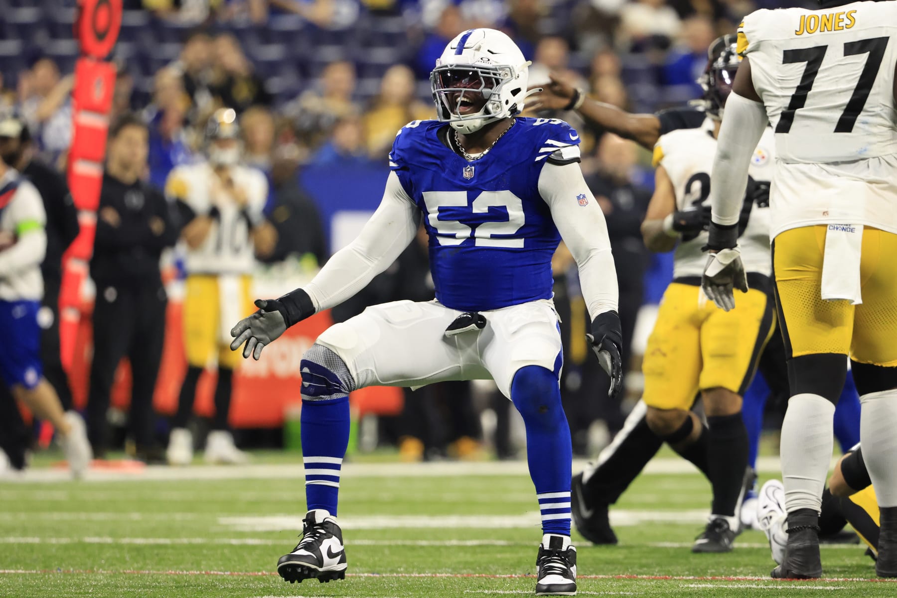 INDIANAPOLIS, INDIANA - DECEMBER 16: Samson Ebukam #52 of the Indianapolis Colts reacts in the game against the Pittsburgh Steelers at Lucas Oil Stadium on December 16, 2023 in Indianapolis, Indiana. (Photo by Justin Casterline/Getty Images)