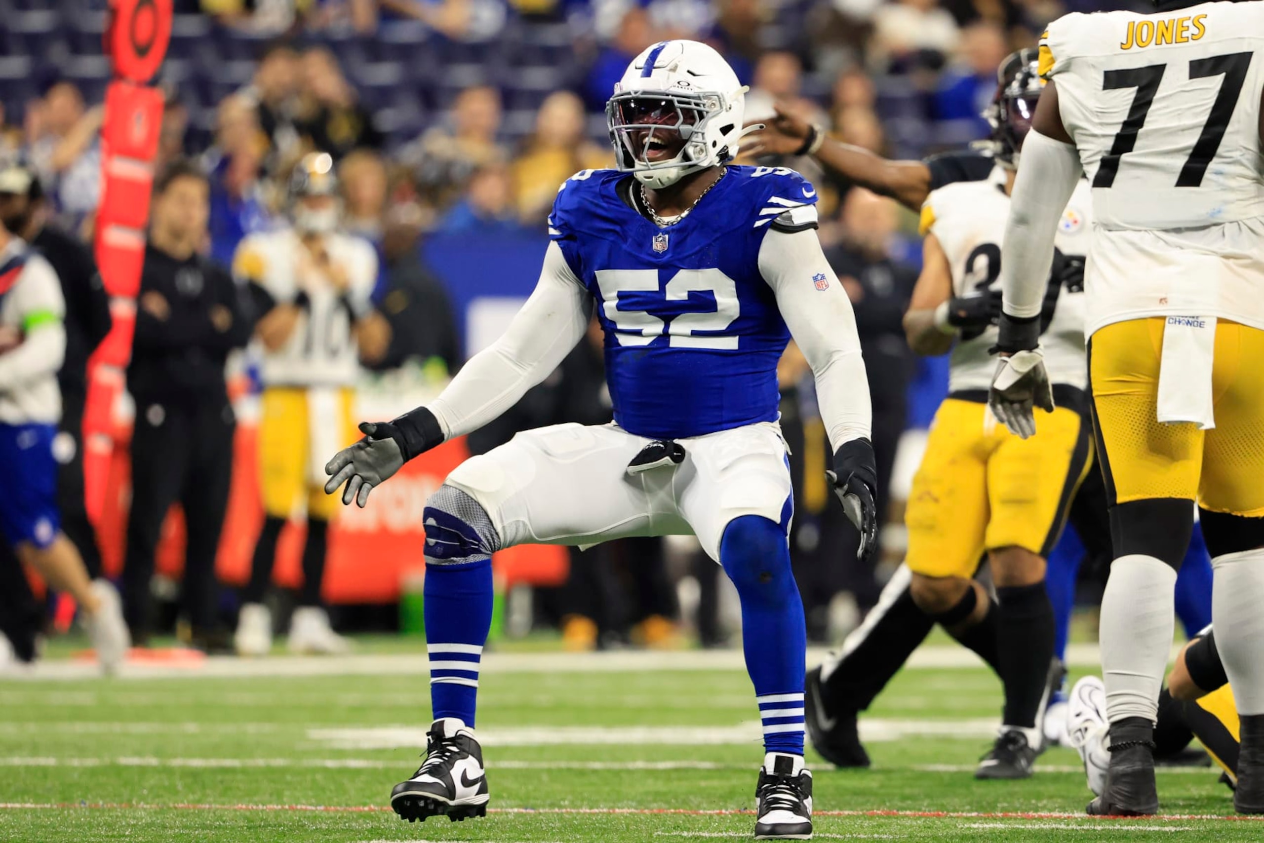 INDIANAPOLIS, INDIANA - DECEMBER 16: Samson Ebukam #52 of the Indianapolis Colts reacts in the game against the Pittsburgh Steelers at Lucas Oil Stadium on December 16, 2023 in Indianapolis, Indiana. (Photo by Justin Casterline/Getty Images)