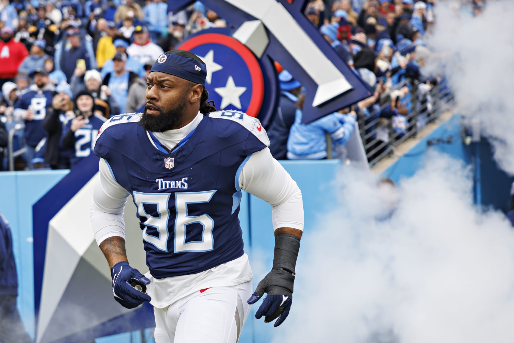 NASHVILLE TENNESSEE - JANUARY 07: Denico Autry #96 of the Tennessee Titans during introductions before the game against the Jacksonville Jaguars in Nashville, Tennessee at Nissan Stadium on January 7, 2024 in Houston, Texas. The Titans defeated the Jaguars 28-20.  (Photo by Wesley Hitt/Getty Images)