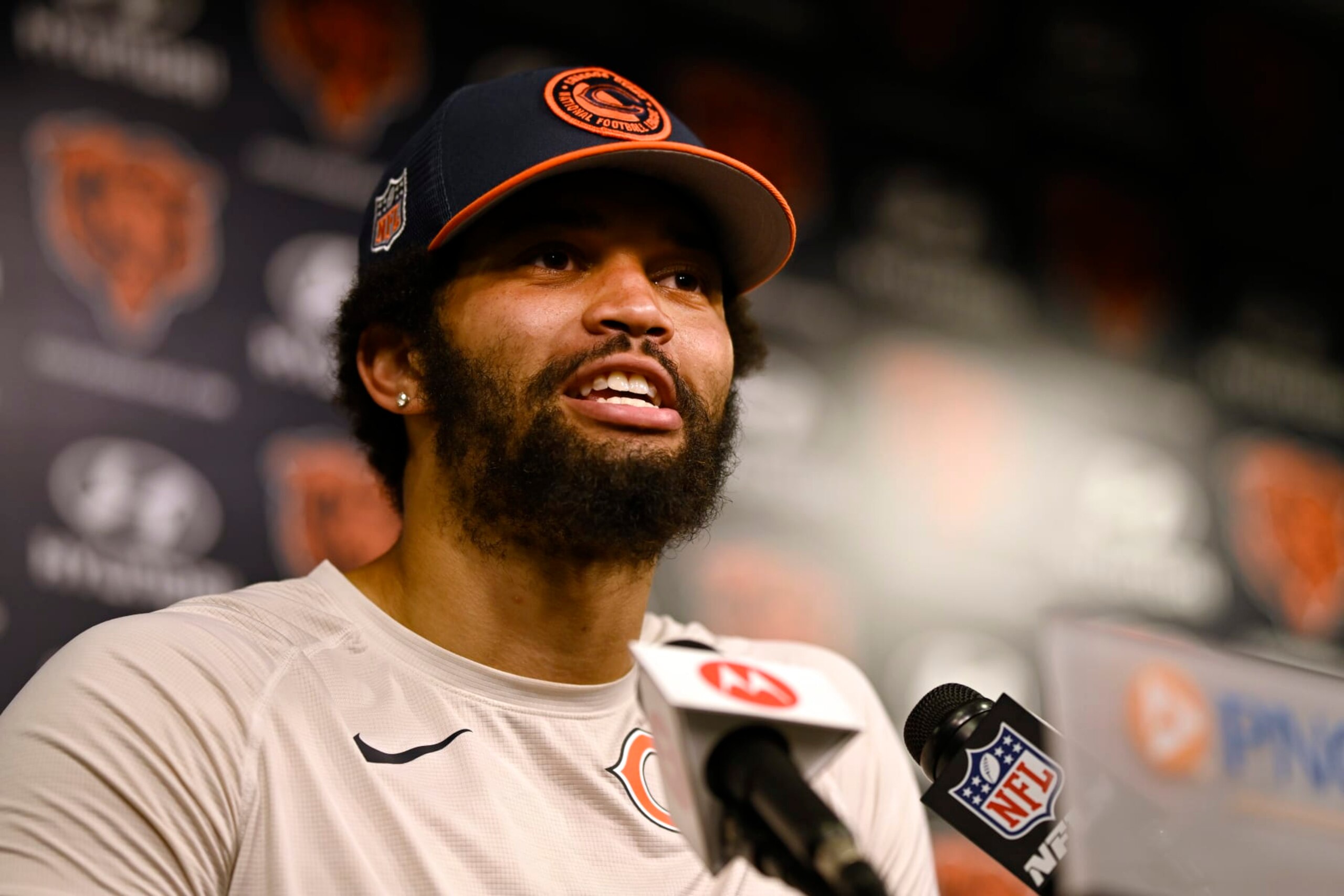 LAKE FOREST, ILLINOIS - JUNE 06: Caleb Williams #18 of the Chicago Bears speaks during a new conference after the Chicago Bears mandatory minicamp at Halas Hall on June 06, 2024 in Lake Forest, Illinois. (Photo by Quinn Harris/Getty Images) LAKE FOREST, ILLINOIS - JUNE 06: Caleb Williams #18 of the Chicago Bears speaks during a new conference after the Chicago Bears mandatory minicamp at Halas Hall on June 06, 2024 in Lake Forest, Illinois. (Photo by Quinn Harris/Getty Images)