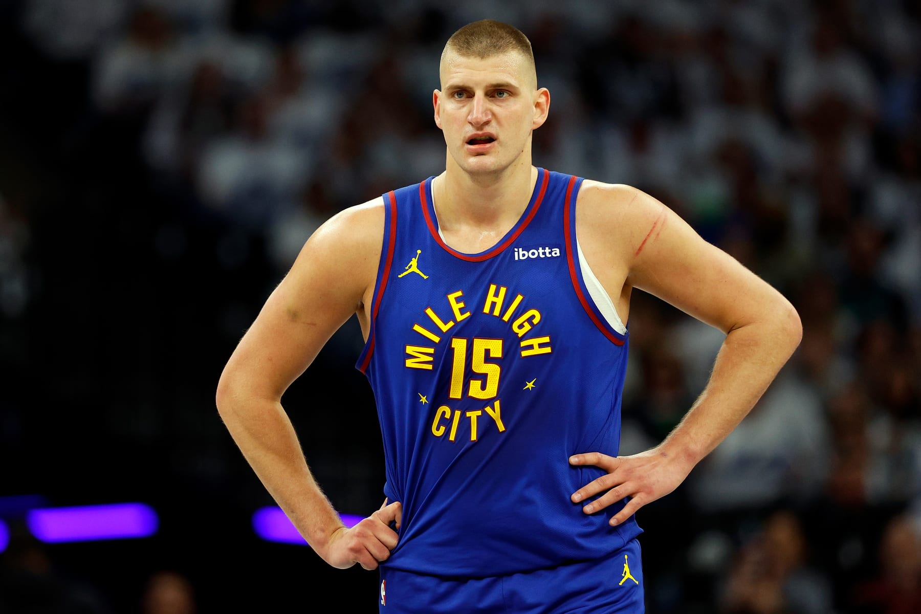MINNEAPOLIS, MINNESOTA - MAY 10: Nikola Jokic #15 of the Denver Nuggets looks on against the Minnesota Timberwolves in the first quarter of Game Three of the Western Conference Second Round Playoffs at Target Center on May 10, 2024 in Minneapolis, Minnesota. The Nuggets defeated the Timberwolves 117-90. (Photo by David Berding/Getty Images)