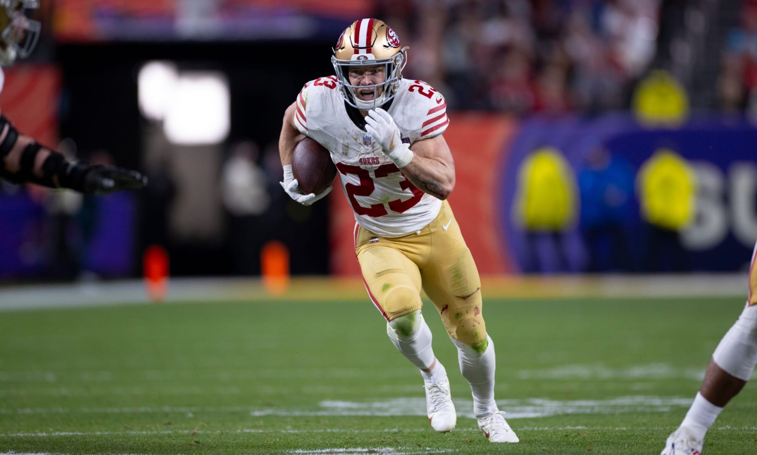 LAS VEGAS, NV - FEBRUARY 11: Christian McCaffrey #23 of the San Francisco 49ers heads to the end zone on a 21-yard touchdown catch during Super Bowl LVIII against the Kansas City Chiefs at Allegiant Stadium on February 11, 2024 in Las Vegas, Nevada. The Chiefs defeated the 49ers 25-22. (Photo by Michael Zagaris/San Francisco 49ers/Getty Images) LAS VEGAS, NV - FEBRUARY 11: Christian McCaffrey #23 of the San Francisco 49ers heads to the end zone on a 21-yard touchdown catch during Super Bowl LVIII against the Kansas City Chiefs at Allegiant Stadium on February 11, 2024 in Las Vegas, Nevada. The Chiefs defeated the 49ers 25-22. (Photo by Michael Zagaris/San Francisco 49ers/Getty Images)