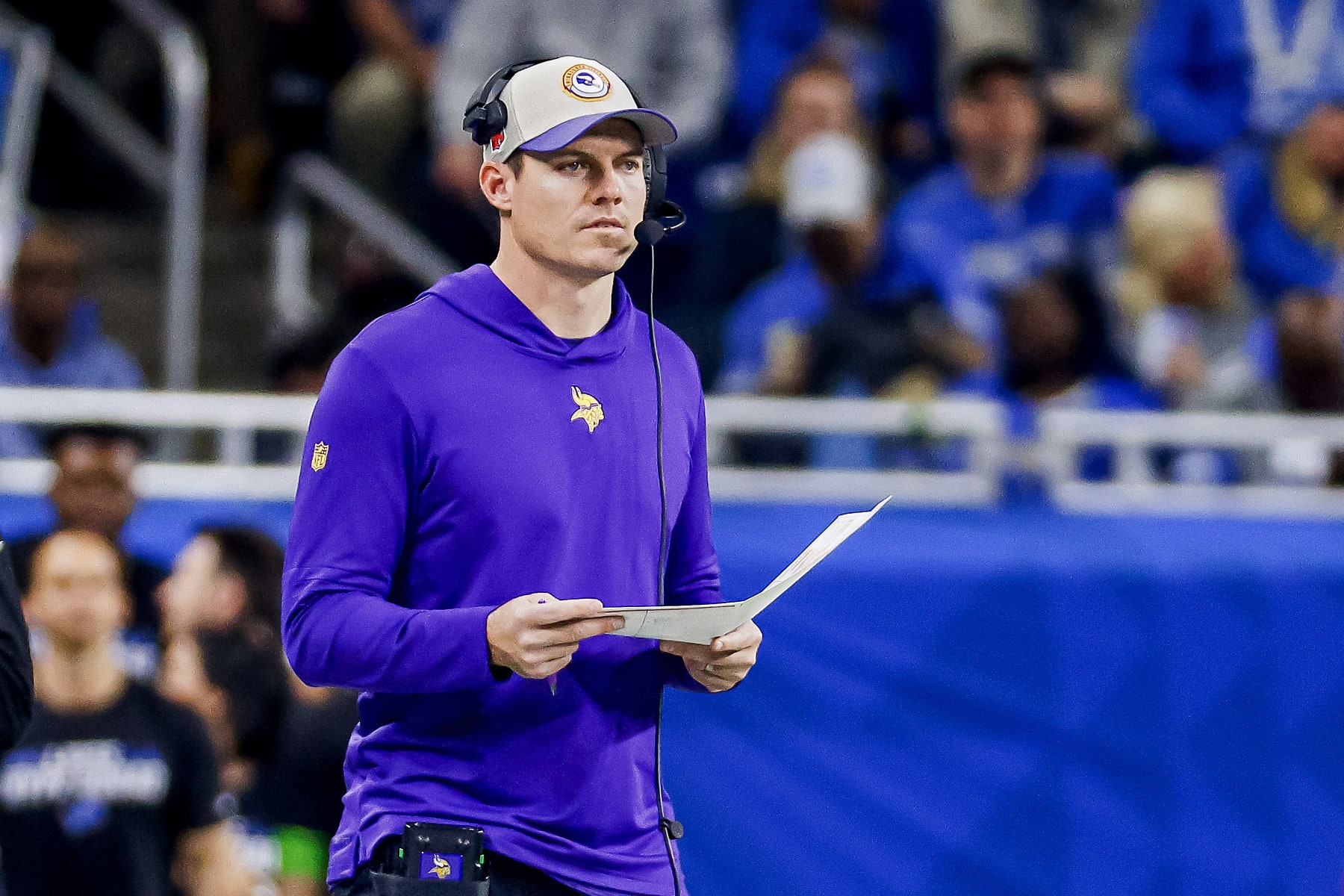 DETROIT, MICHIGAN - JANUARY 07: Head coach Kevin O'Connell of the Minnesota Vikings looks on during the first half of a game against the Detroit Lions at Ford Field on January 07, 2024 in Detroit, Michigan. (Photo by Mike Mulholland/Getty Images)