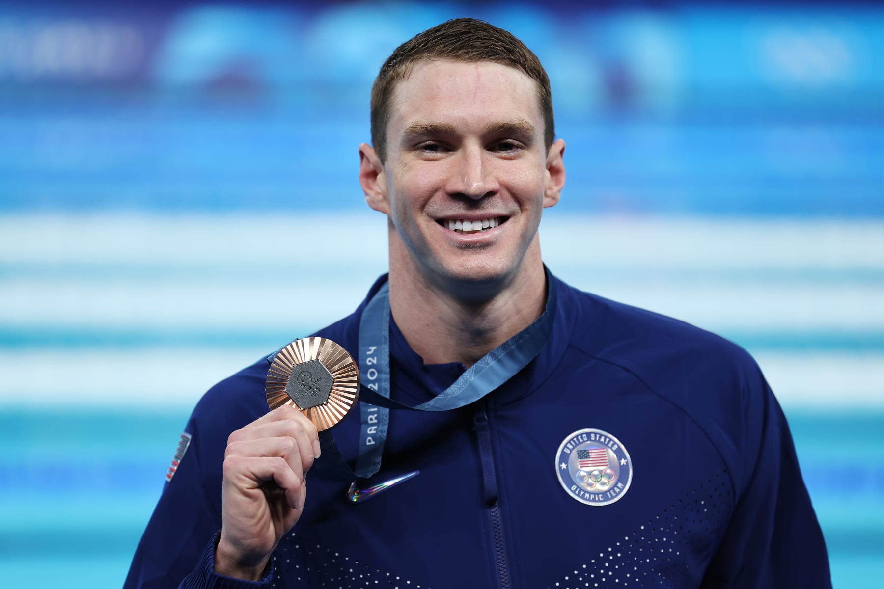 NANTERRE, FRANCE - JULY 29: Bronze Medalist Ryan Murphy of Team United States poses following the Swimming medal ceremony after the Men’s 100m Backstroke Final on day three of the Olympic Games Paris 2024 at Paris La Defense Arena on July 29, 2024 in Nanterre, France. (Photo by Quinn Rooney/Getty Images)