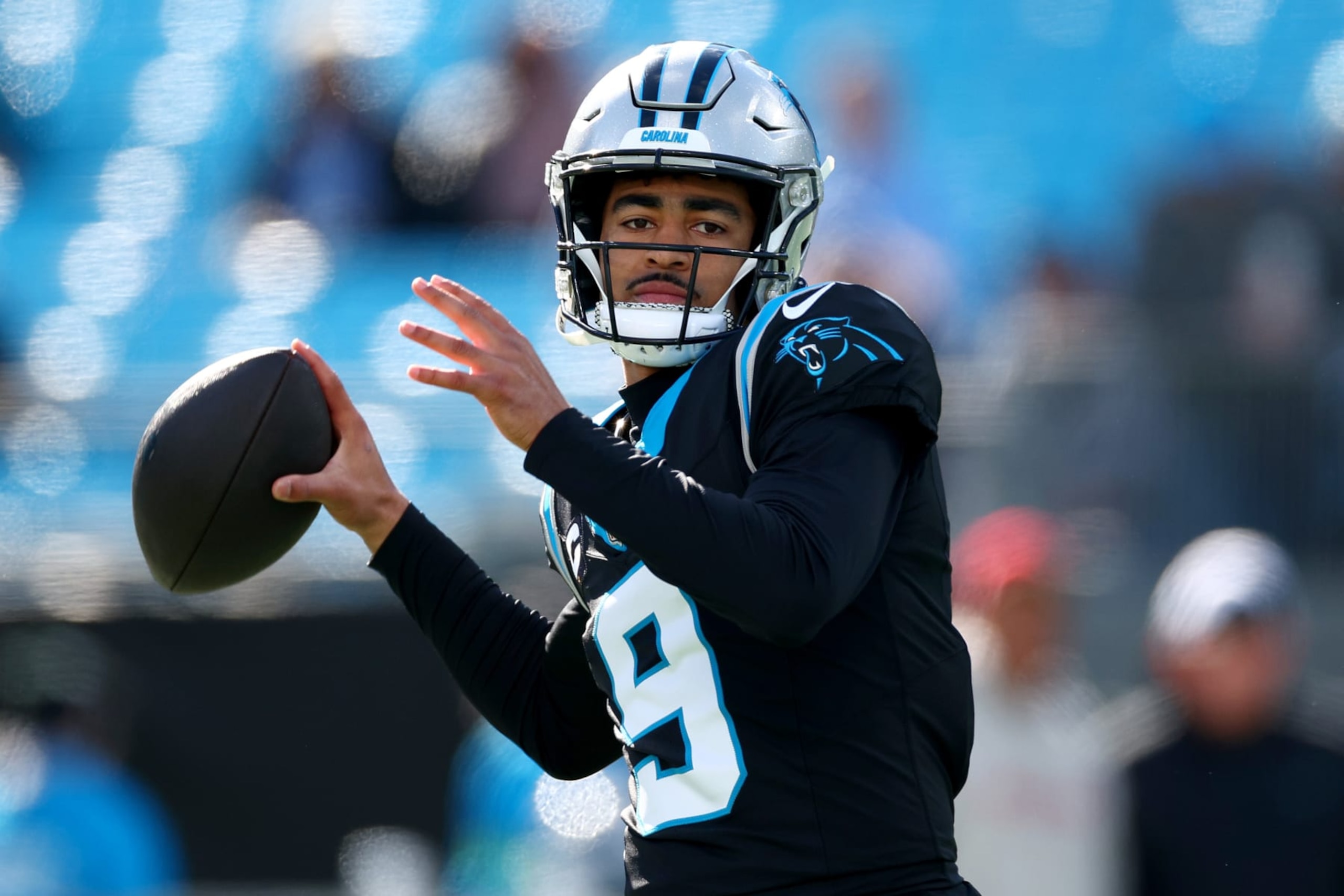 CHARLOTTE, NORTH CAROLINA - JANUARY 07: Bryce Young #9 of the Carolina Panthers warms up before the game against the Tampa Bay Buccaneers at Bank of America Stadium on January 07, 2024 in Charlotte, North Carolina. (Photo by Jared C. Tilton/Getty Images)