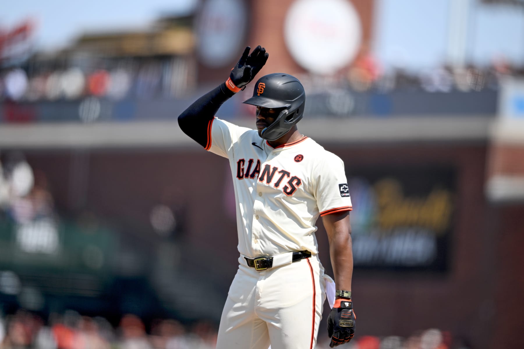 SAN FRANCISCO, CALIFORNIA - JULY 28: Jorge Soler #2 of the San Francisco Giants reacts after hitting a single in the sixth inning against the Colorado Rockies at Oracle Park on July 28, 2024 in San Francisco, California. (Photo by Brandon Vallance/Getty Images)