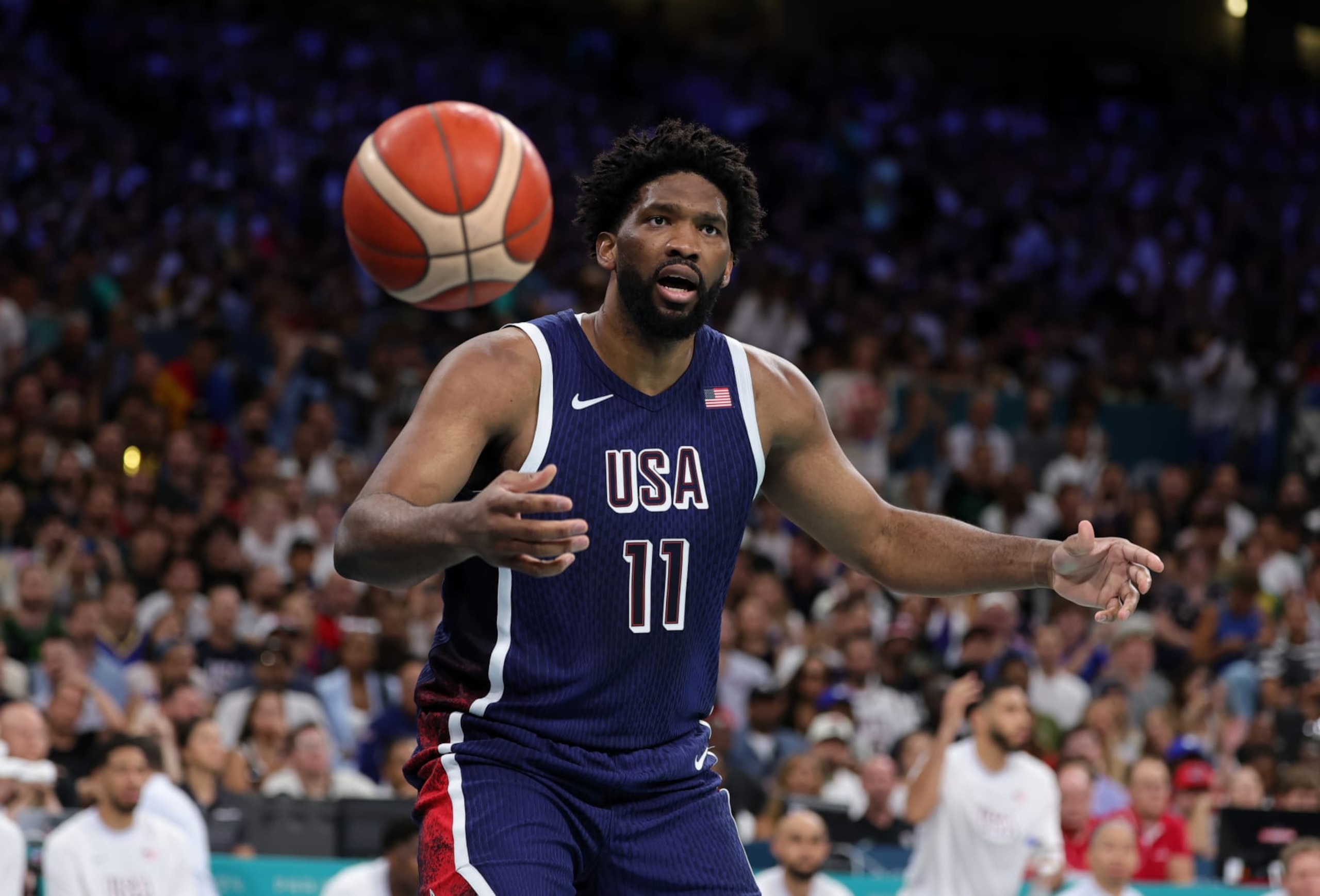 LILLE, FRANCE - JULY 28: Joel Embiid of United States during the Men's Basketball Group Phase - Group C game between Serbia and the United States on day two of the Olympic Games Paris 2024 at Stade Pierre Mauroy on July 28, 2024 in Lille, France. (Photo by Christina Pahnke - sampics/Getty Images)