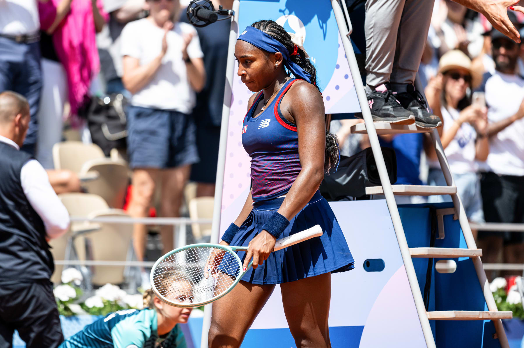 PARIS, FRANCE - JULY 30: Coco Gauff of USA looks dejected after her defeat on day four of the Olympic Games Paris 2024 at Roland Garros on July 30, 2024 in Paris, France. (Photo by Markus Gilliar - GES Sportfoto/Getty Images)