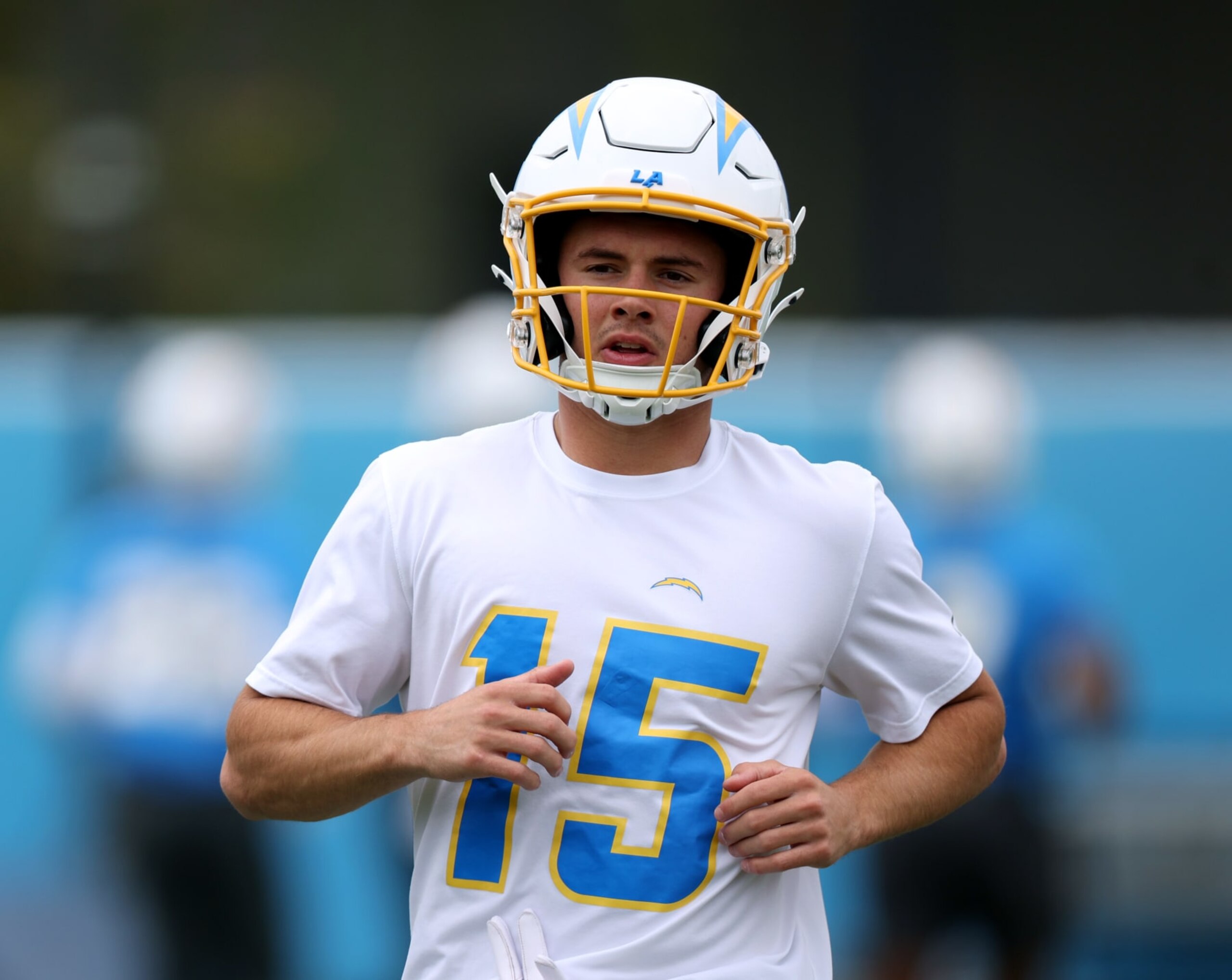 COSTA MESA, CALIFORNIA - MAY 20: Ladd McConkey #15 warms up during a Los Angeles Chargers OTA offseason workout on May 20, 2024 in Costa Mesa, California. (Photo by Harry How/Getty Images) COSTA MESA, CALIFORNIA - MAY 20: Ladd McConkey #15 warms up during a Los Angeles Chargers OTA offseason workout on May 20, 2024 in Costa Mesa, California. (Photo by Harry How/Getty Images)