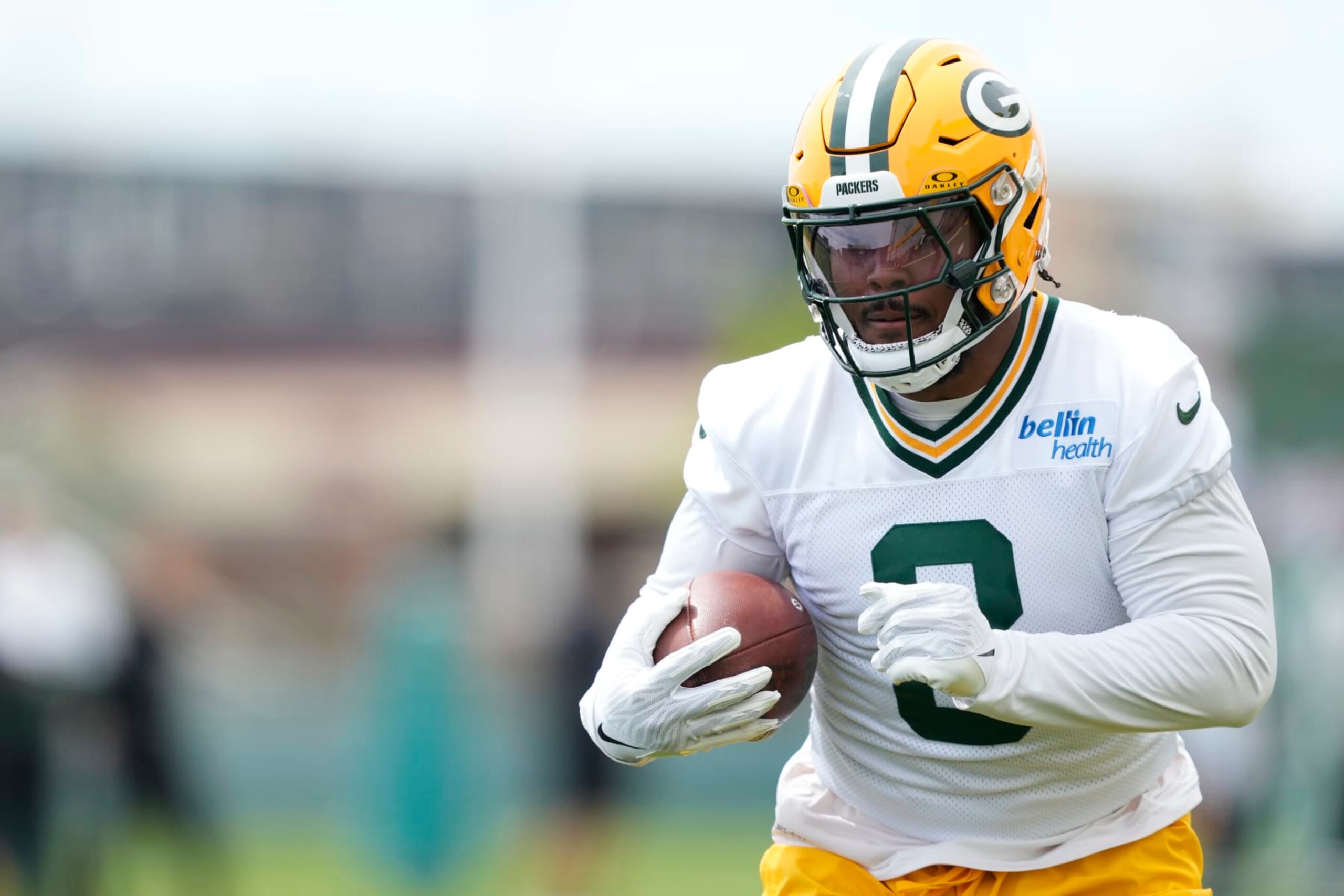 GREEN BAY, WISCONSIN - JUNE 11: Josh Jacobs #8 of the Green Bay Packers participates in drills during the Green Bay Packers Minicamp at Ray Nitschke Field on June 11, 2024 in Green Bay, Wisconsin. (Photo by Patrick McDermott/Getty Images)
