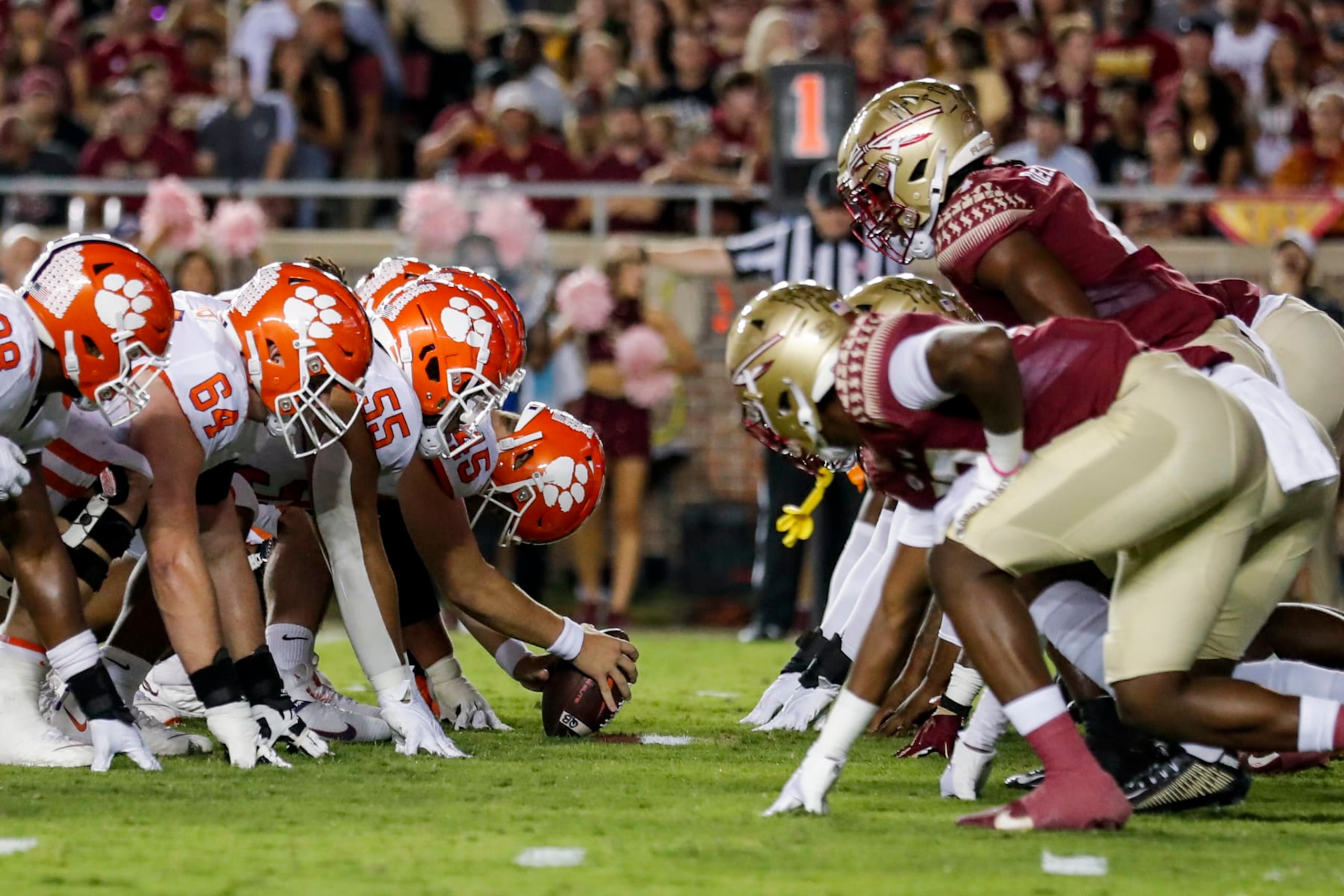 TALLAHASSEE, FL - OCTOBER 15: A general view from the line of scrimmage of the Clemson Tigers during the game against the Florida State Seminoles at Doak Campbell Stadium on Bobby Bowden Field on October 15, 2022 in Tallahassee, Florida. The Tigers defeated the Seminoles 34 to 28. (Photo by Don Juan Moore/Getty Images)