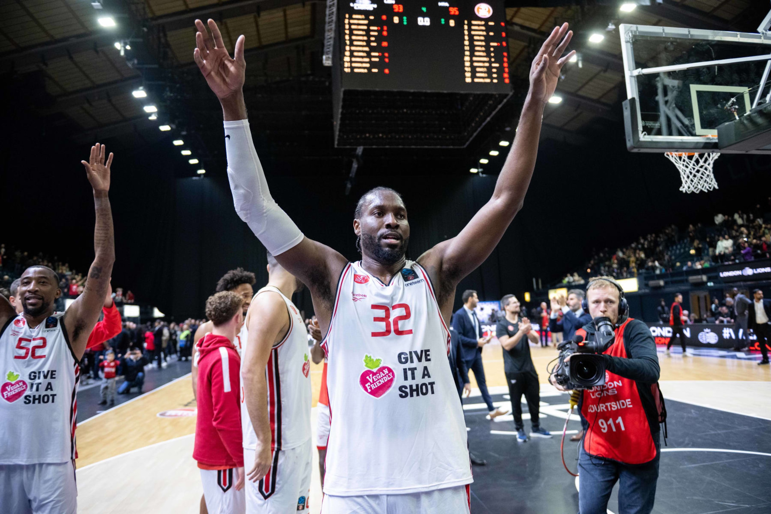 LONDON, ENGLAND - JANUARY 11: Chinanu Onuaku of Hapoel Tel Aviv celebrates win the EuroCup match between London Lions and Hapoel Tel Aviv at OVO Arena Wembley on January 11, 2023 in London, England. (Photo by Sebastian Frej/MB Media/Getty Images)