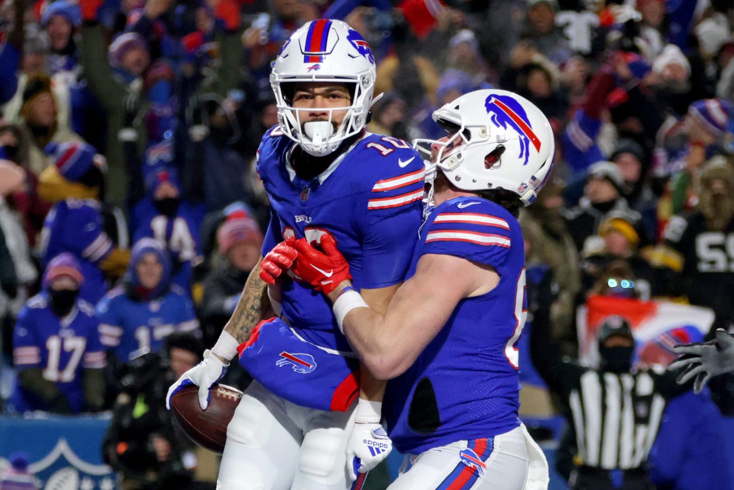 ORCHARD PARK, NEW YORK - JANUARY 15: Khalil Shakir #10 of the Buffalo Bills celebrates his touchdown against the Pittsburgh Steelers during the fourth quarter at Highmark Stadium on January 15, 2024 in Orchard Park, New York. (Photo by Timothy T Ludwig/Getty Images) ORCHARD PARK, NEW YORK - JANUARY 15: Khalil Shakir #10 of the Buffalo Bills celebrates his touchdown against the Pittsburgh Steelers during the fourth quarter at Highmark Stadium on January 15, 2024 in Orchard Park, New York. (Photo by Timothy T Ludwig/Getty Images)