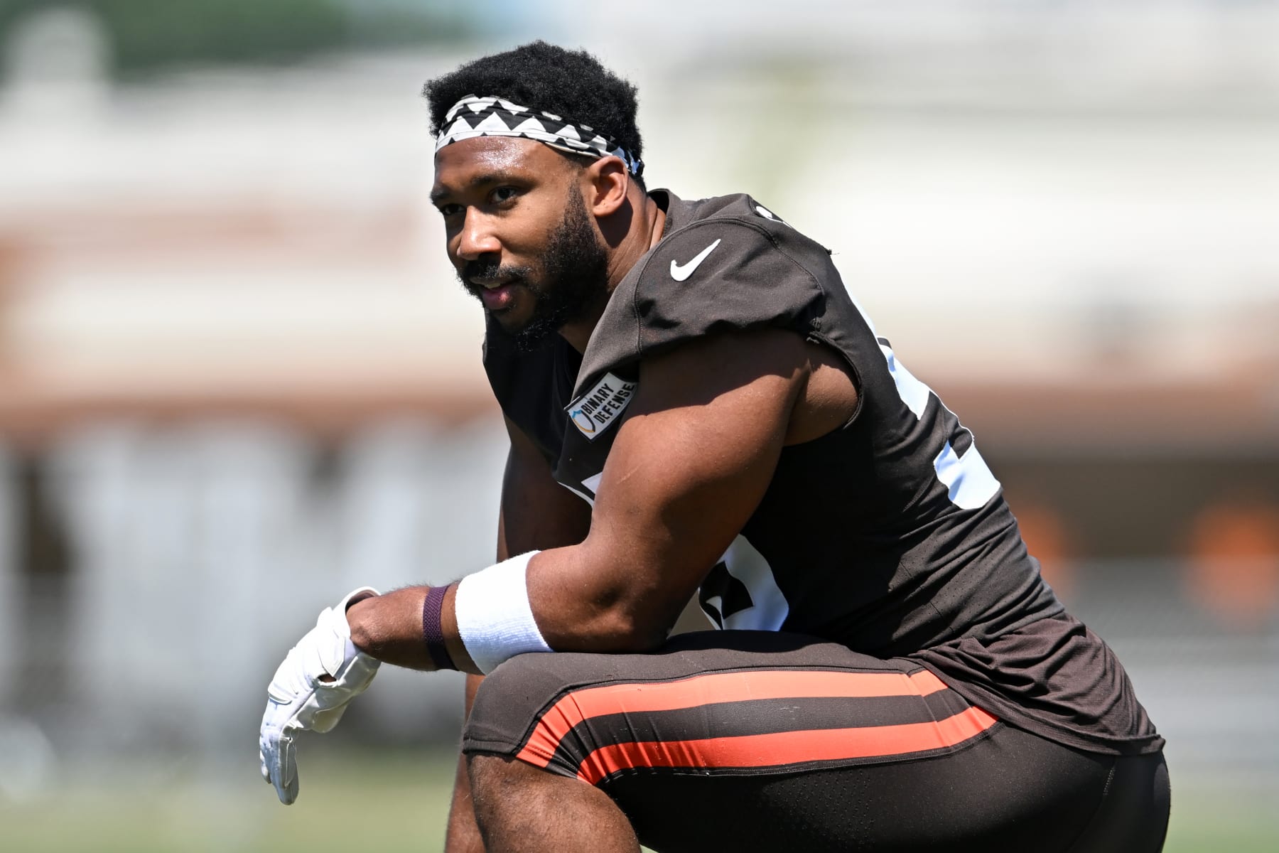 BEREA, OHIO - JUNE 12: Myles Garrett #95 of the Cleveland Browns looks on during a mandatory minicamp workout at their CrossCountry Mortgage Campus on June 12, 2024 in Berea, Ohio. (Photo by Nick Cammett/Getty Images)
