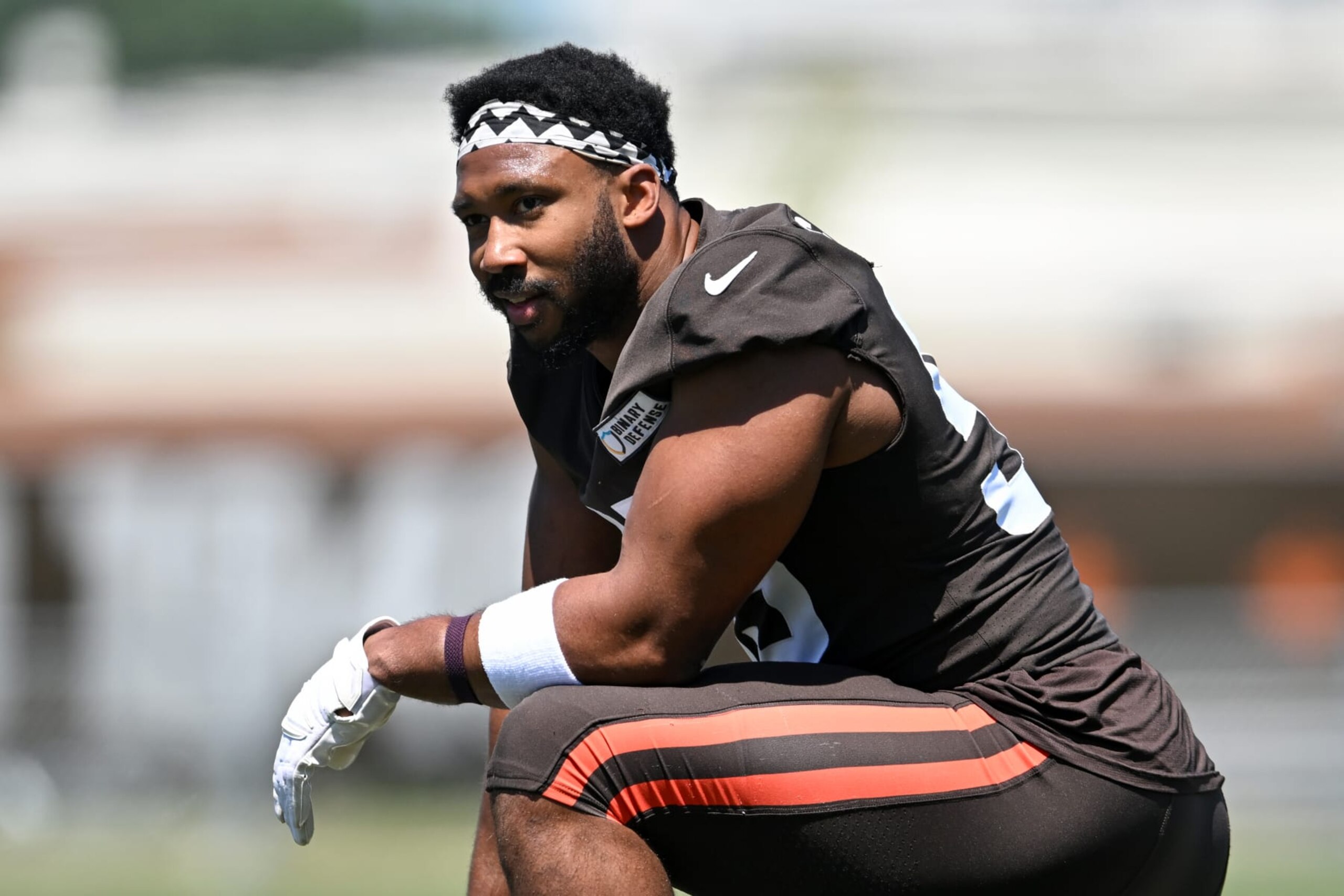BEREA, OHIO - JUNE 12: Myles Garrett #95 of the Cleveland Browns looks on during a mandatory minicamp workout at their CrossCountry Mortgage Campus on June 12, 2024 in Berea, Ohio. (Photo by Nick Cammett/Getty Images)