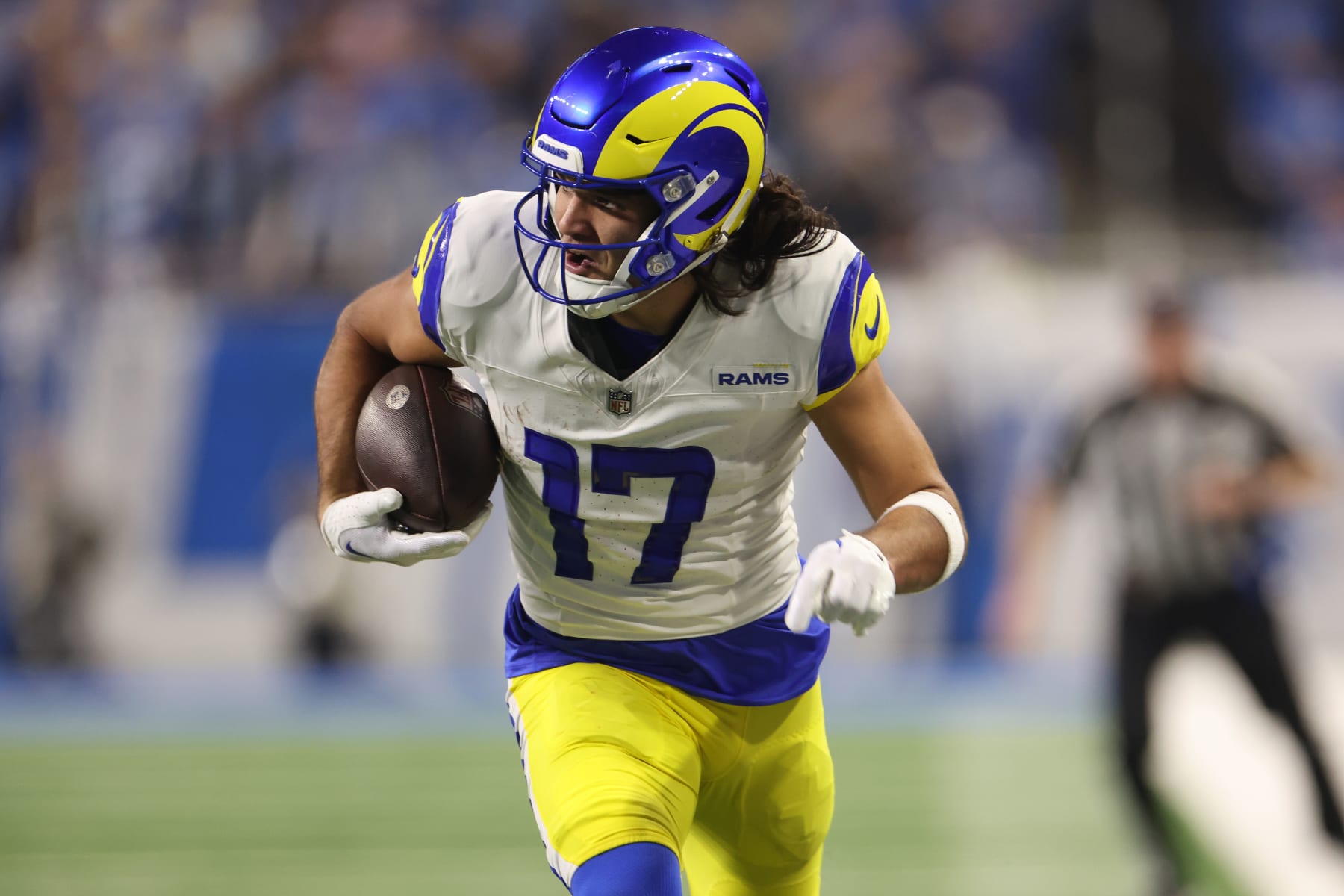 DETROIT, MICHIGAN - JANUARY 14: Puka Nacua #17 of the Los Angeles Rams plays against Detroit Lions during a NFC Wild Card Playoff game at Ford Field on January 14, 2024 in Detroit, Michigan. (Photo by Gregory Shamus/Getty Images)