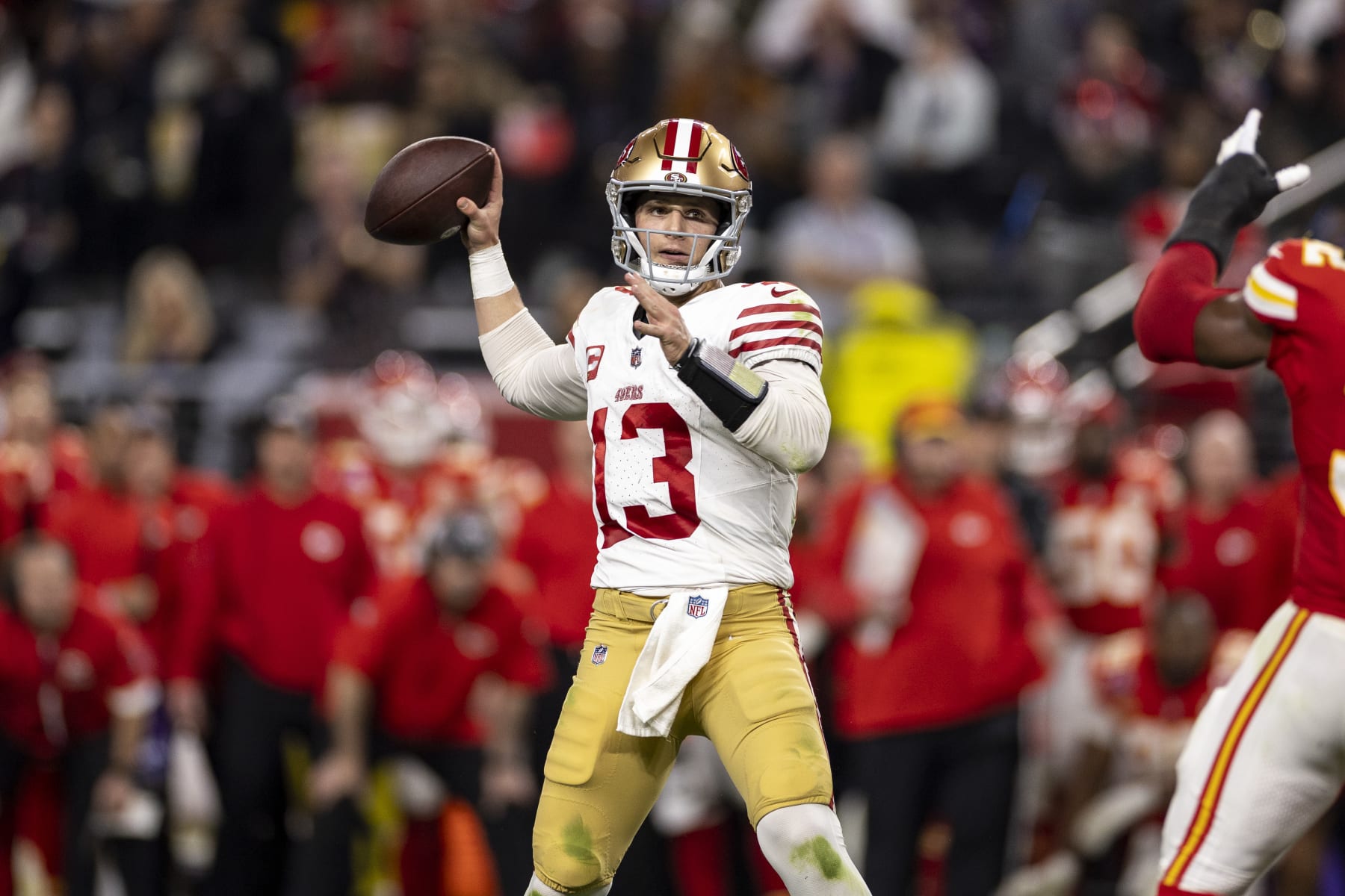 LAS VEGAS, NEVADA - FEBRUARY 11: Brock Purdy #13 of the San Francisco 49ers looks to pass during the NFL Super Bowl 58 football game between the San Francisco 49ers and the Kansas City Chiefs at Allegiant Stadium on February 11, 2024 in Las Vegas, Nevada. (Photo by Michael Owens/Getty Images)